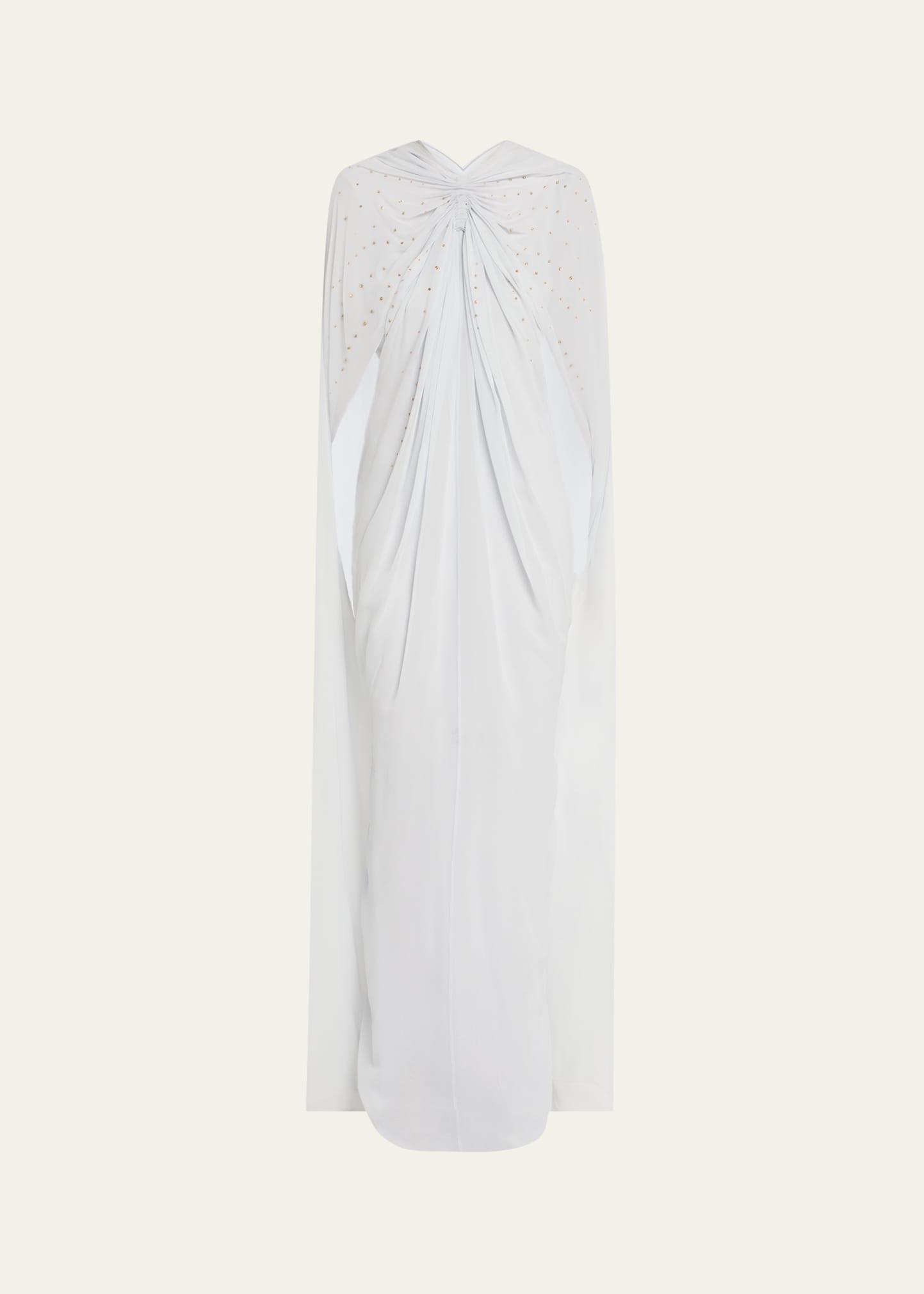 embellished draped silk cape gown