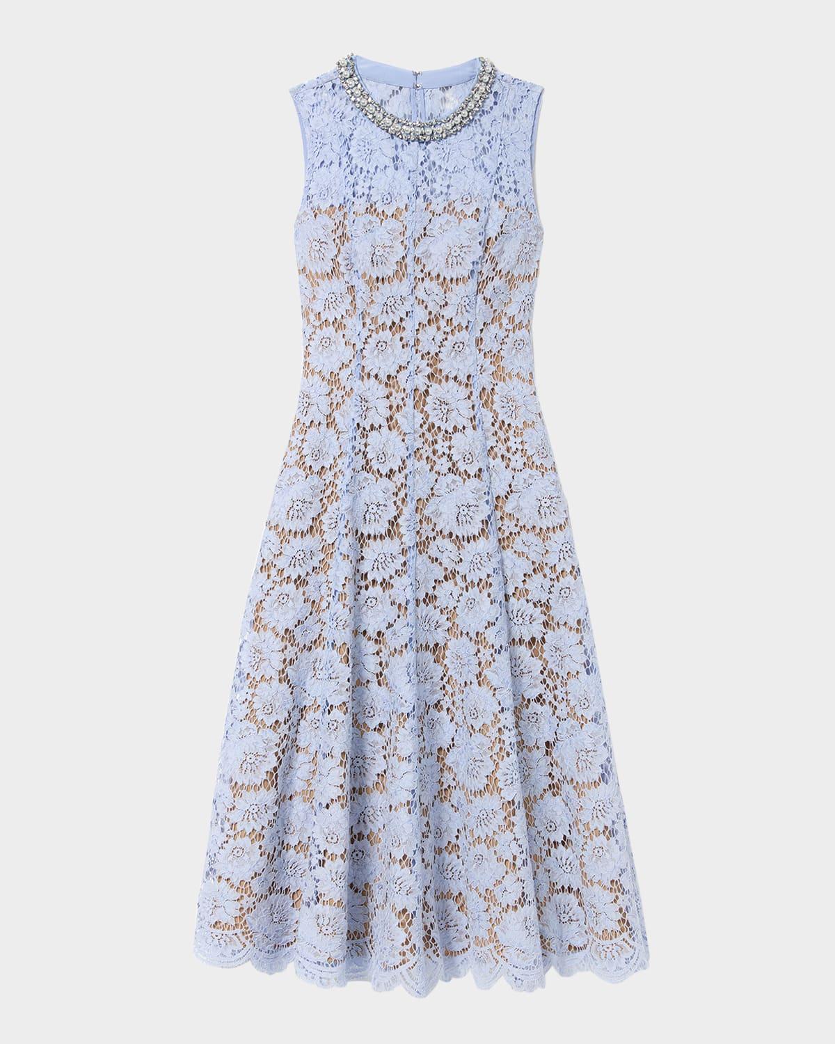 embellished fine lace midi dress