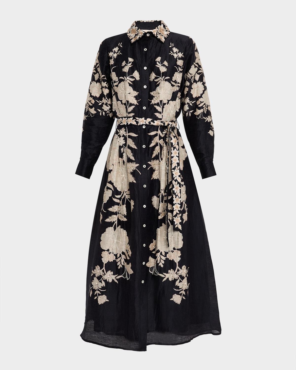 embellished floral silk-linen organza midi shirtdress with belt