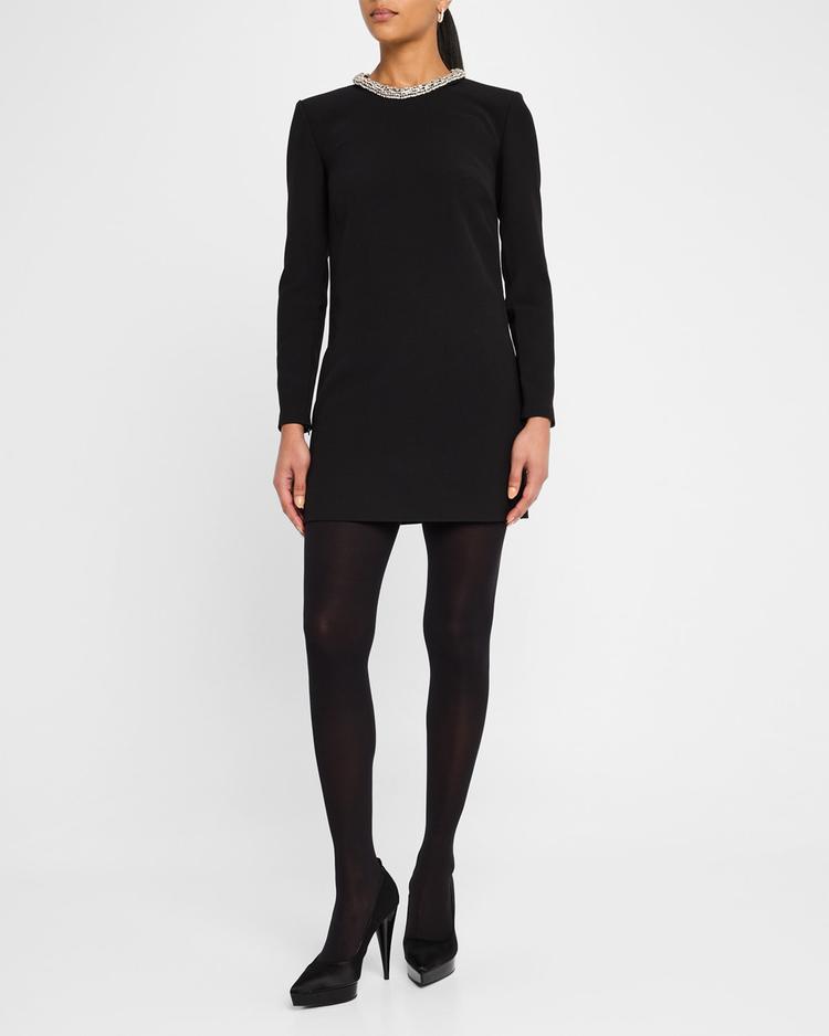 embellished long sleeve crepe mini dress