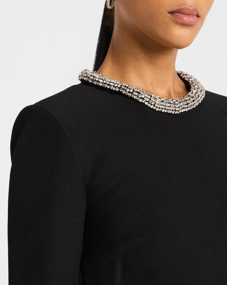 embellished long sleeve crepe mini dress