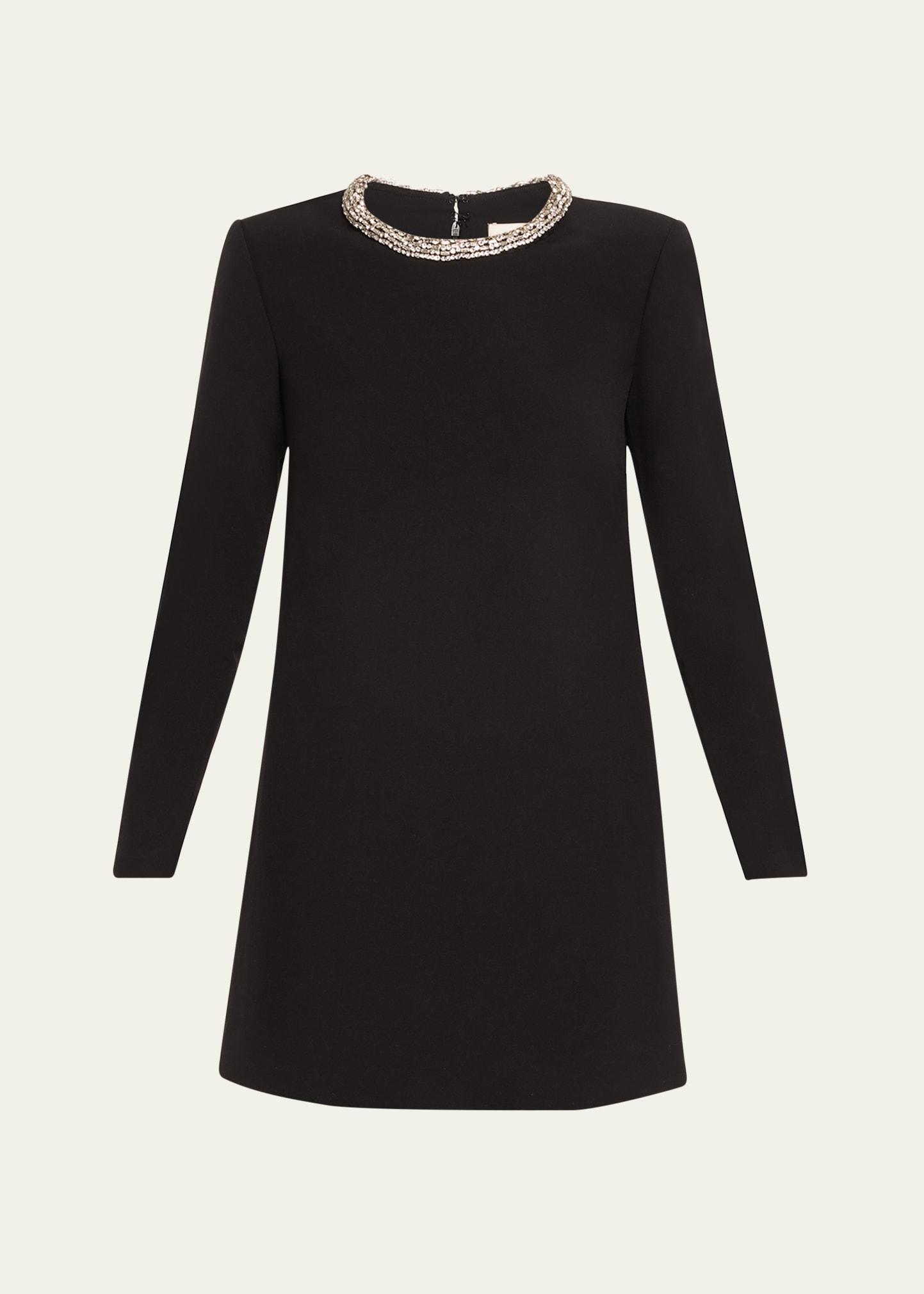 embellished long sleeve crepe mini dress
