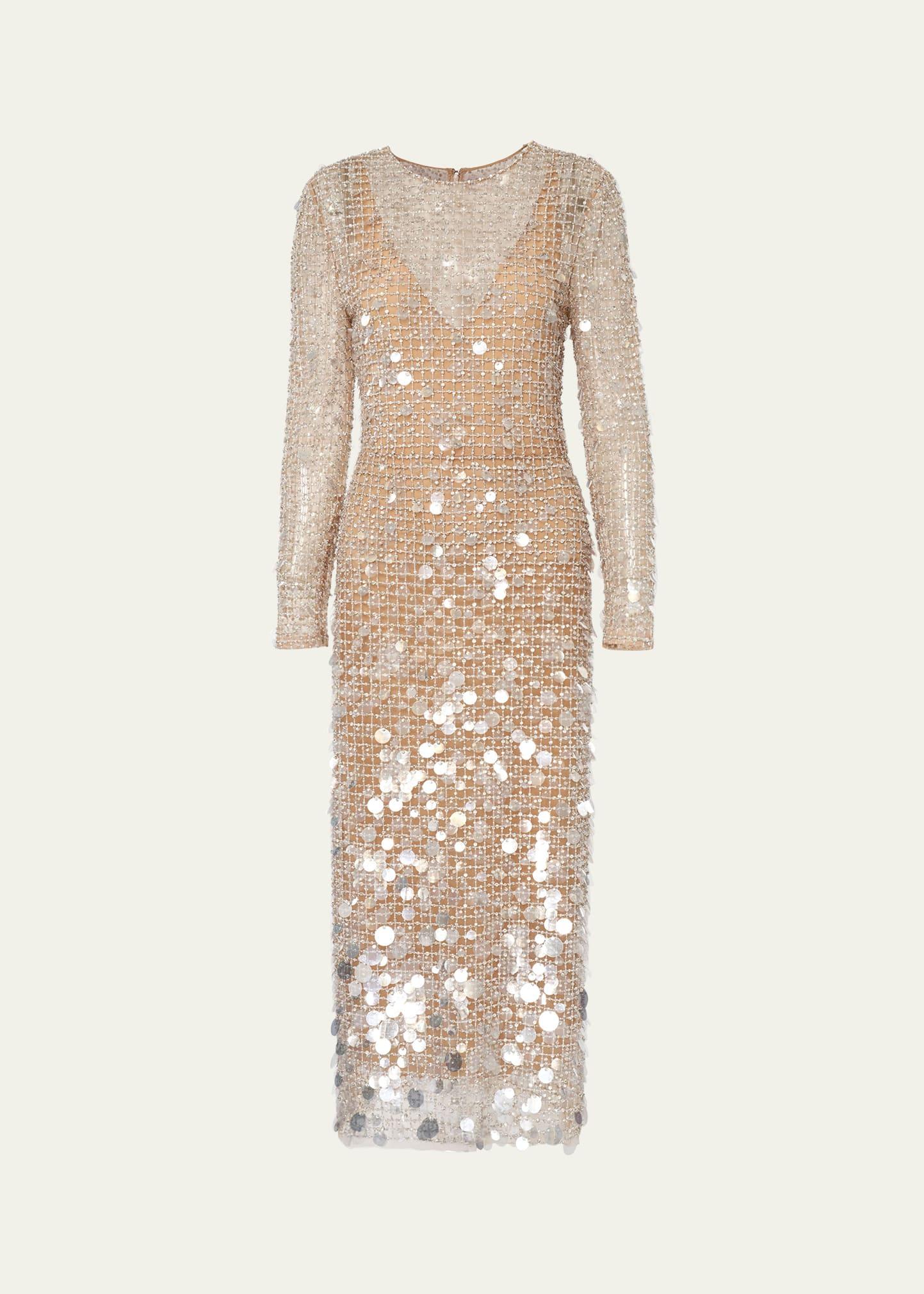 embellished long-sleeve midi dress