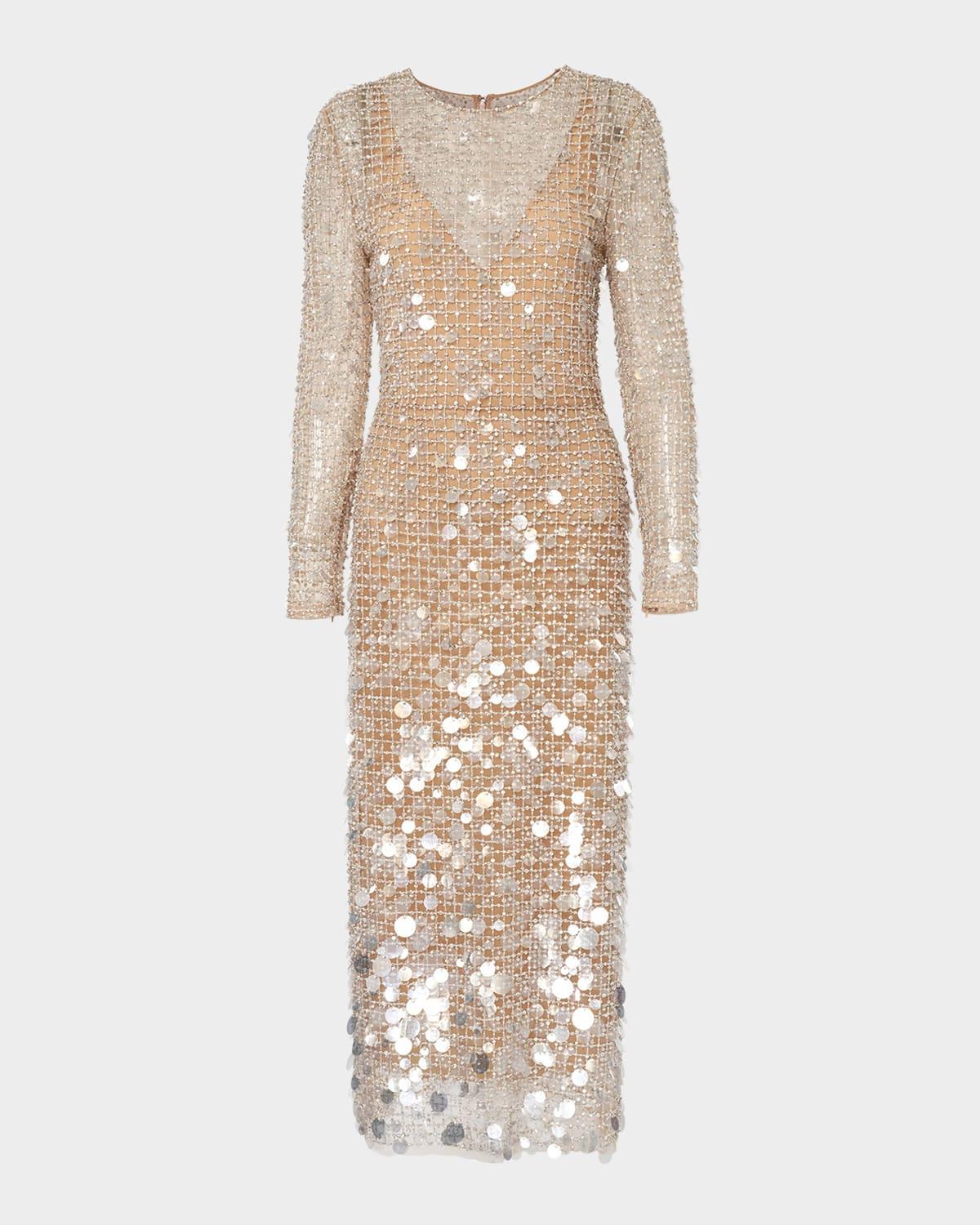 embellished long-sleeve midi dress