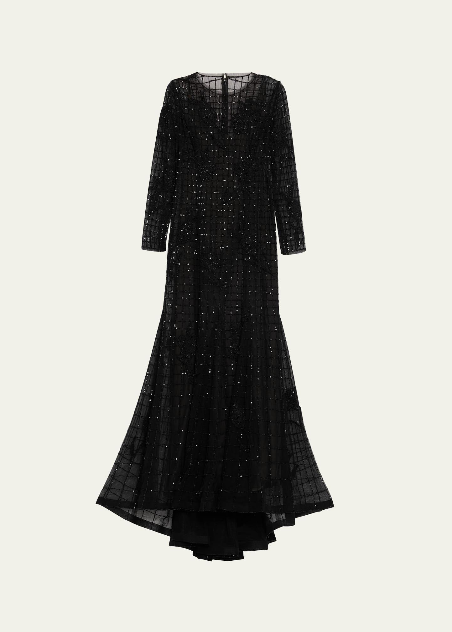 embellished long-sleeve trumpet gown