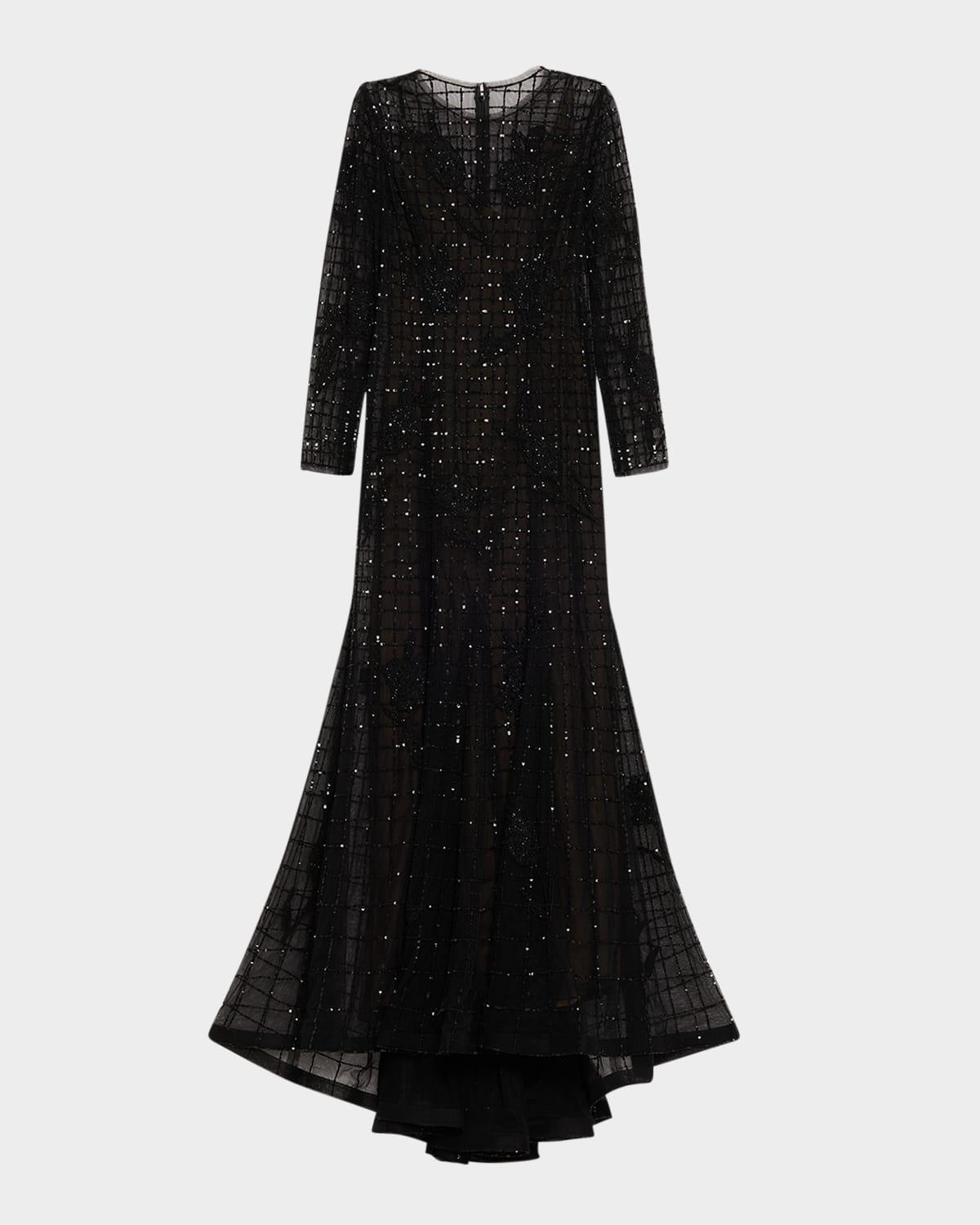 embellished long-sleeve trumpet gown