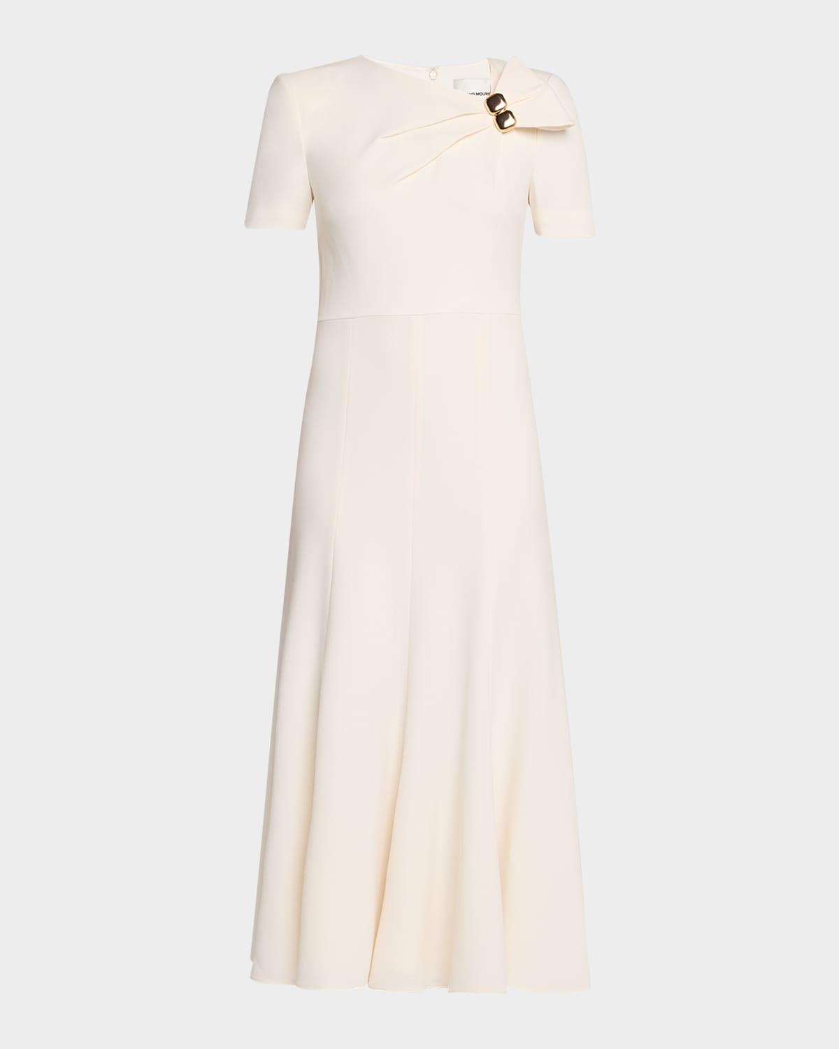 embellished pleat light cady midi dress