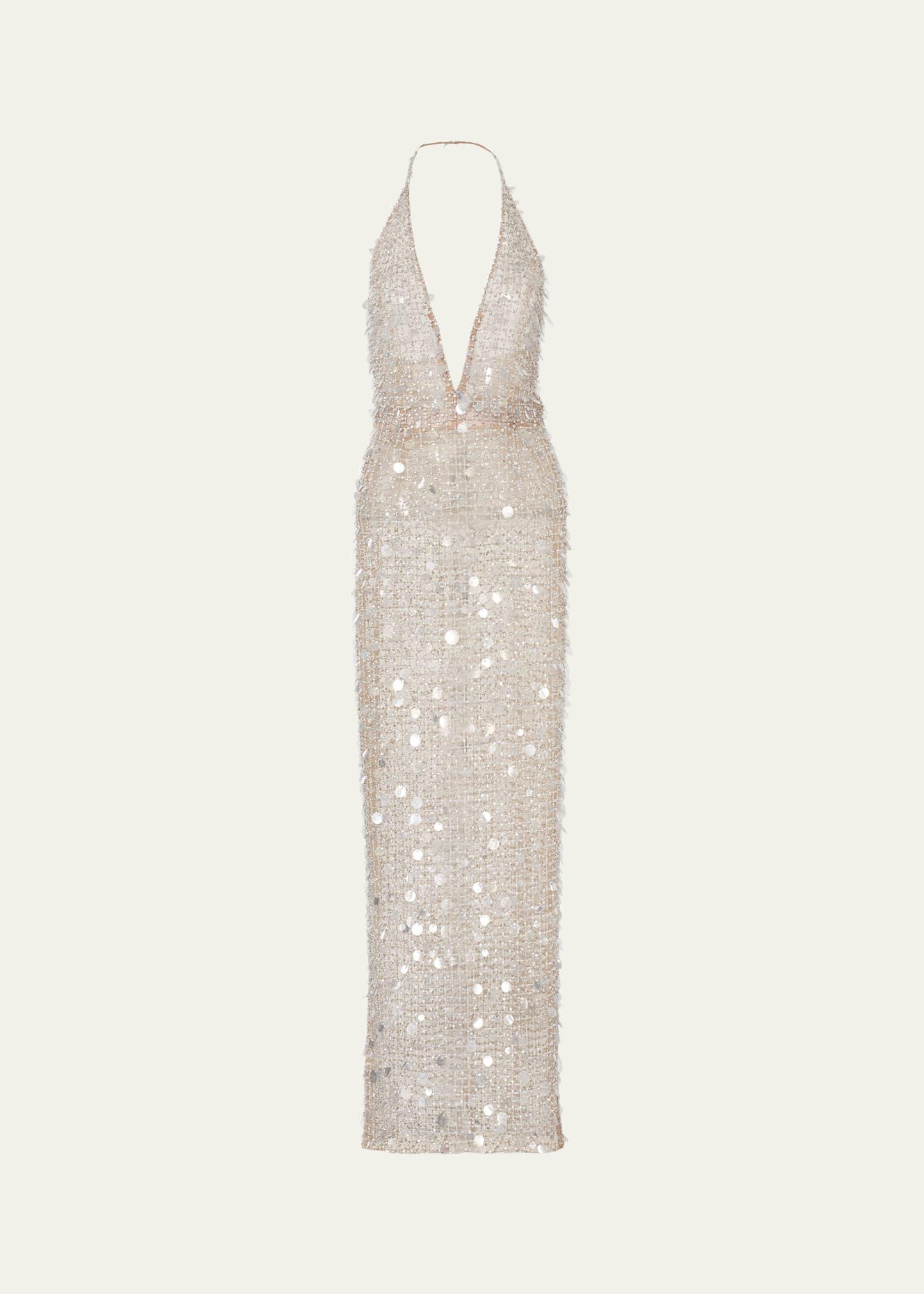 embellished plunging halter column gown