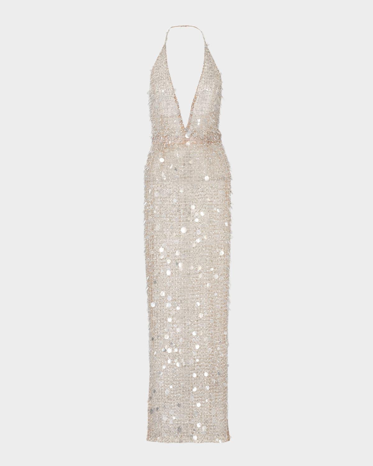 embellished plunging halter column gown