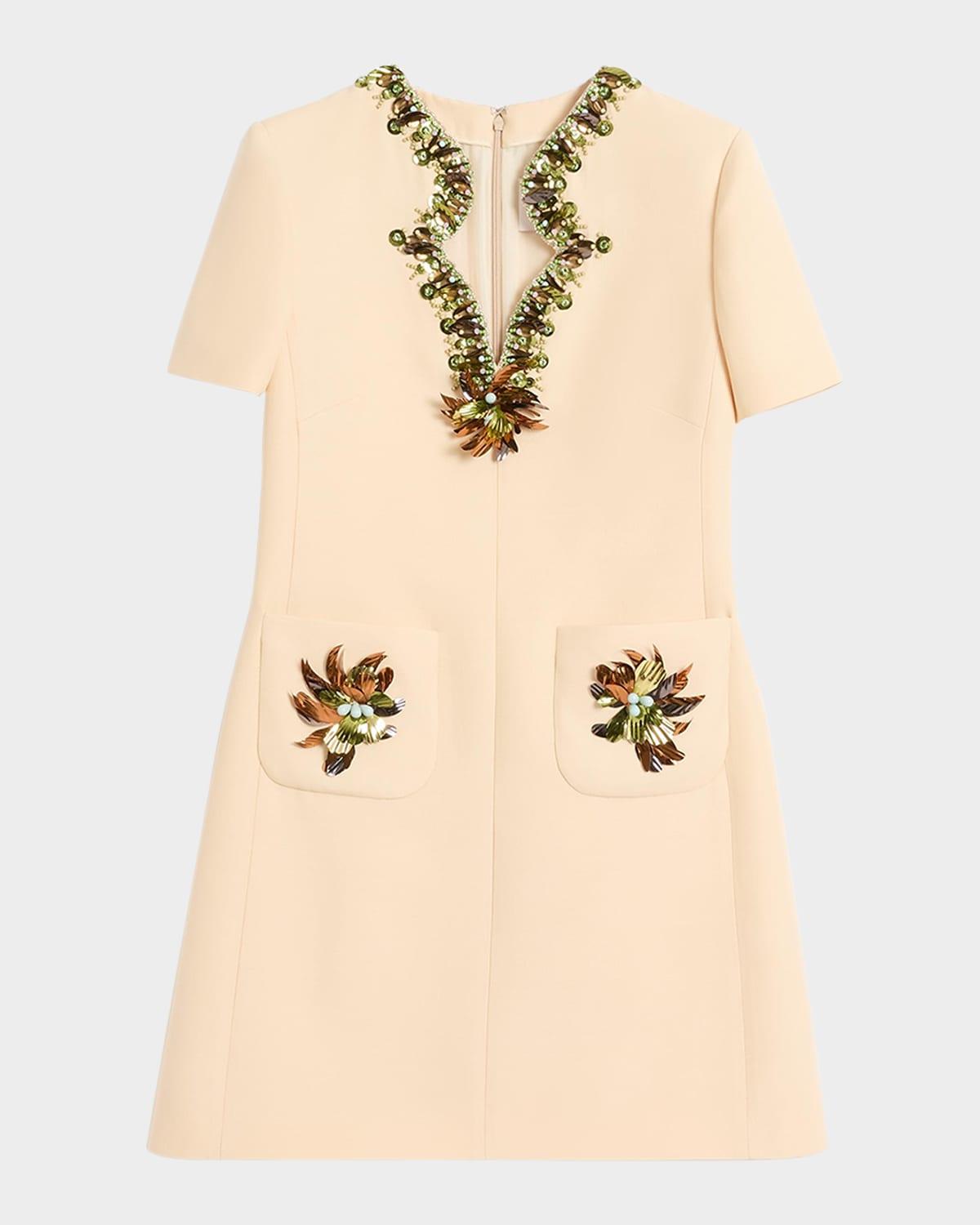 embellished short-sleeve crepe mini dress