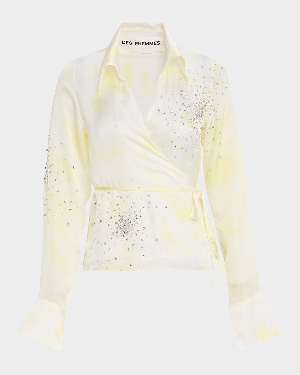 embellished tie-dye wrap shirt