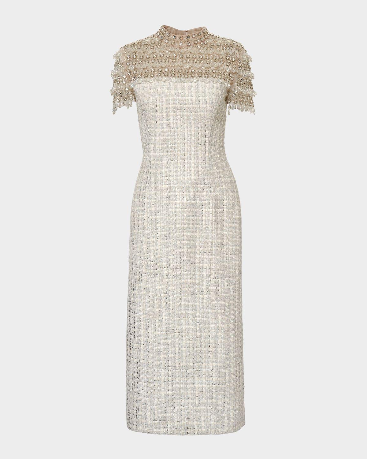 embellished tweed mock-neck pencil dress