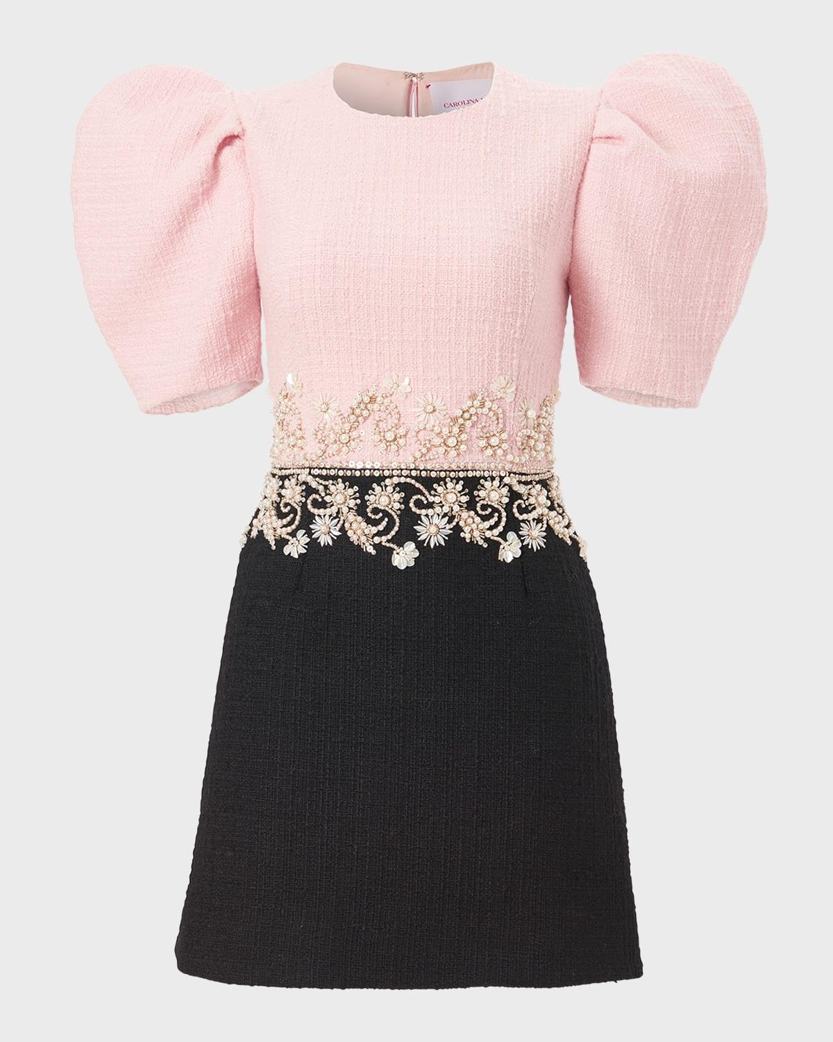 embellished tweed puff-sleeve mini dress