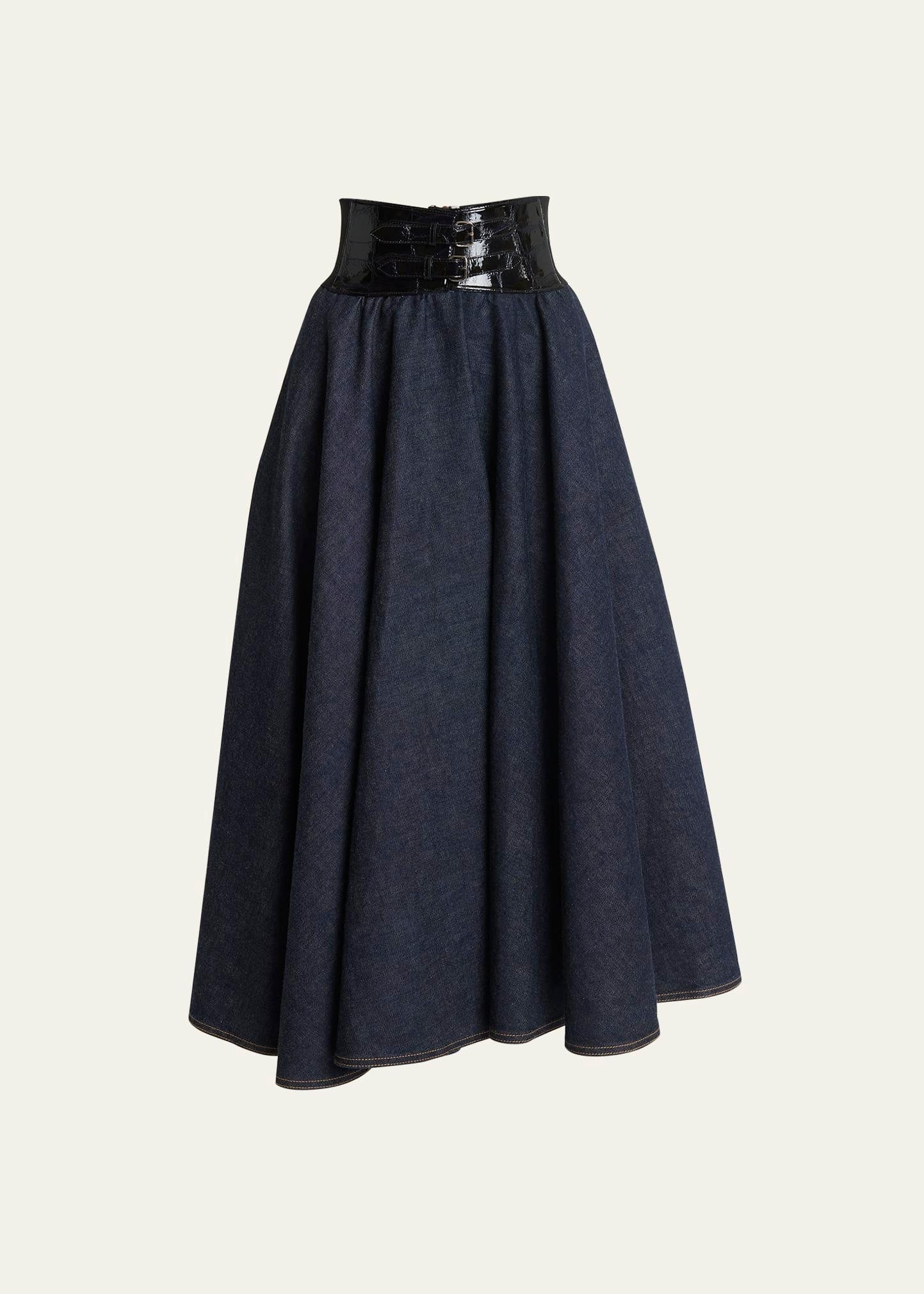 embossed leather belted denim flared midi skirt