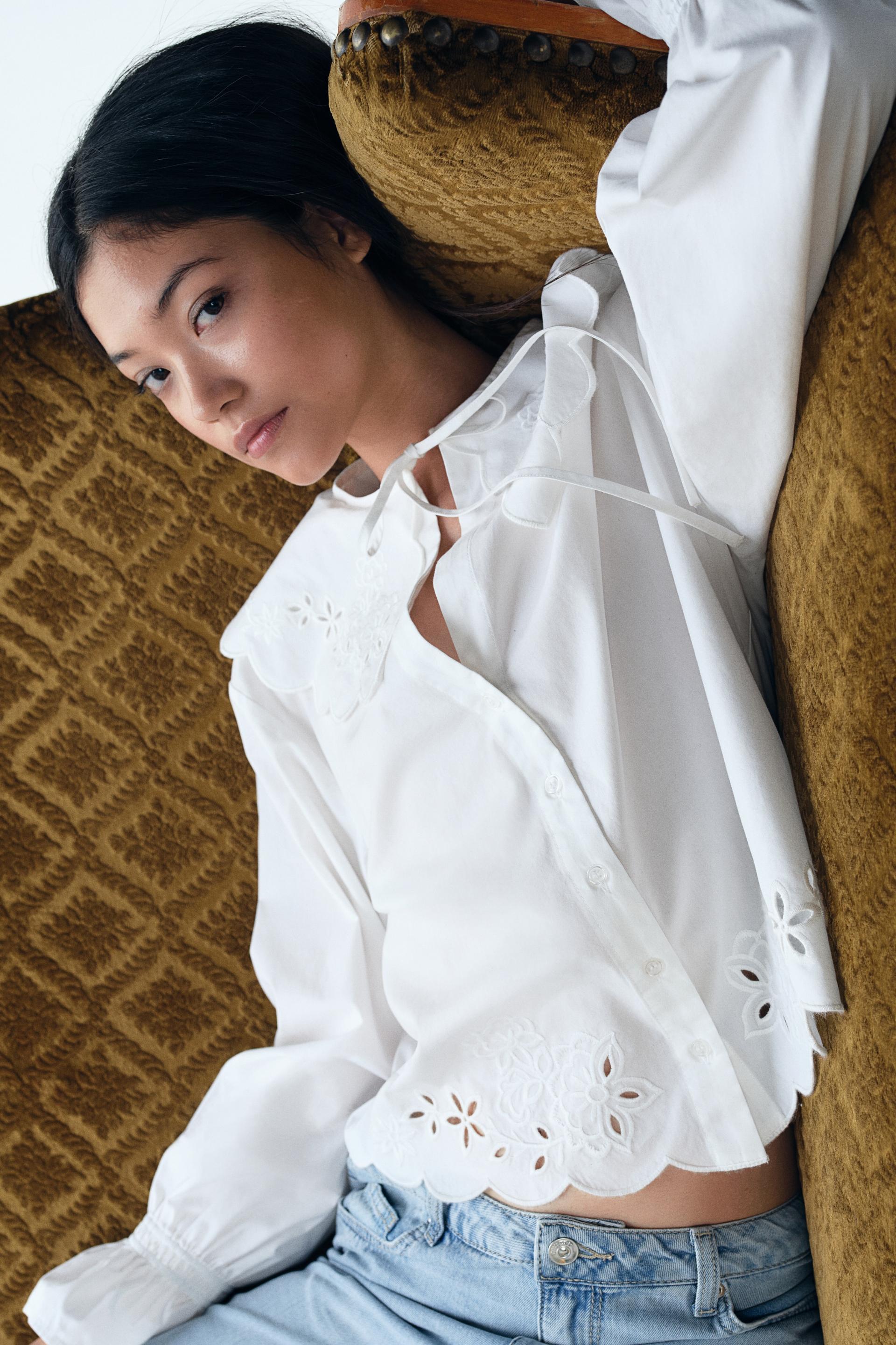 embroidered blouse with peter pan collar