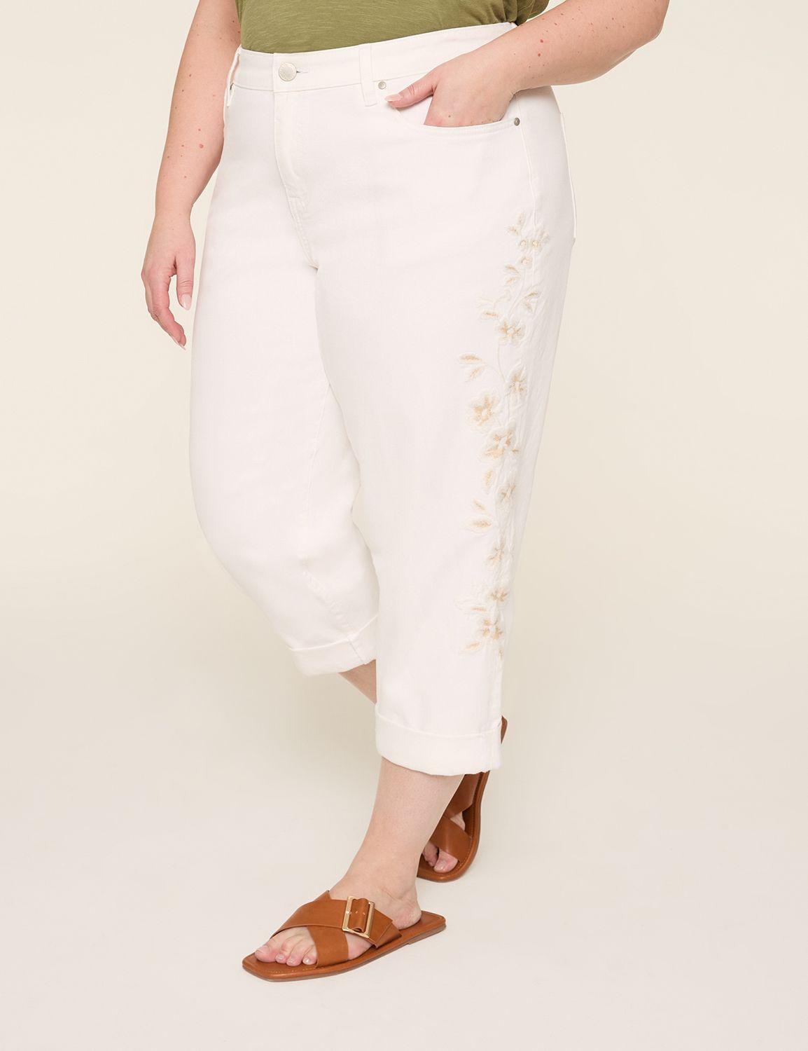 embroidered boyfriend fit capri jean