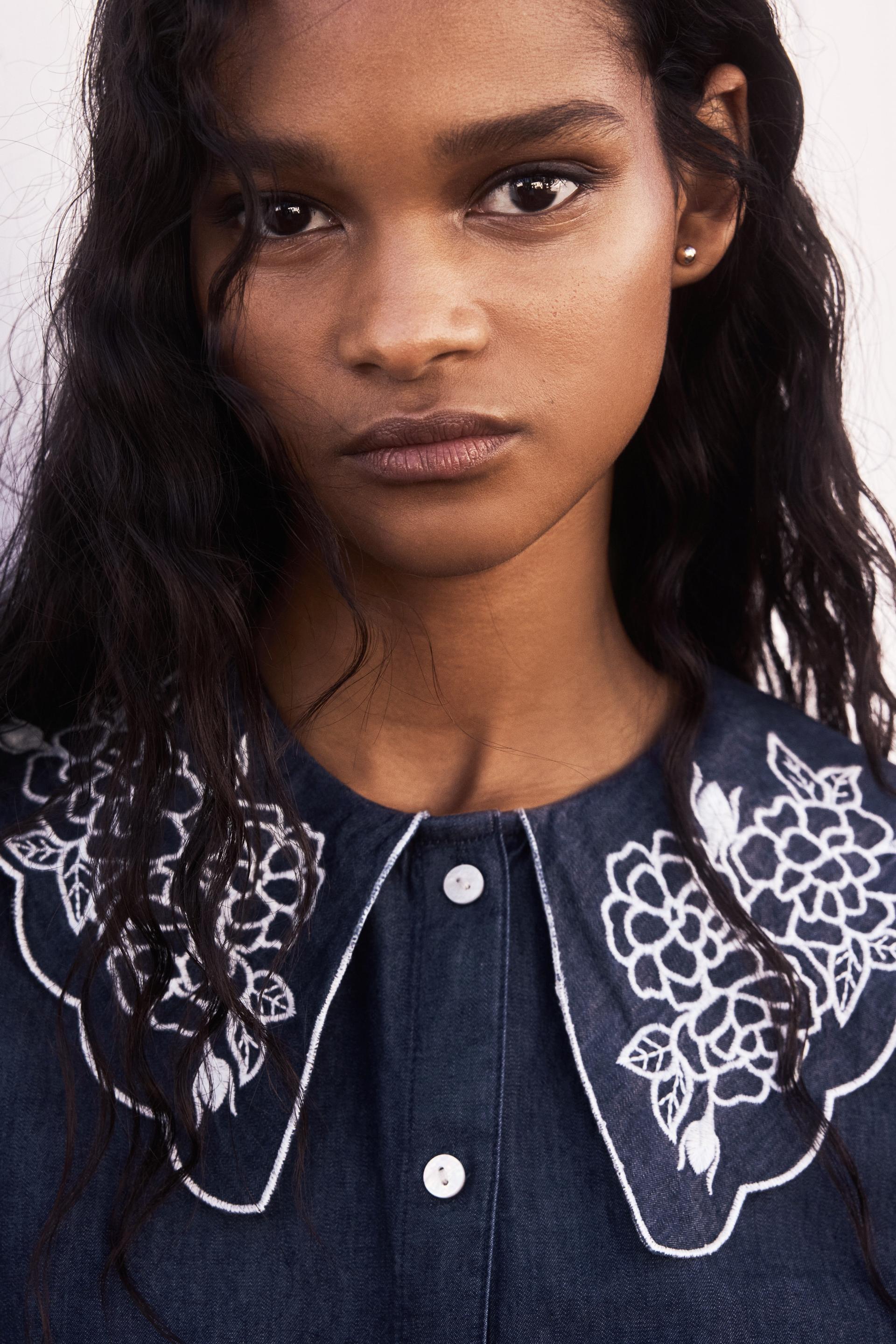 embroidered-collar denim blouse