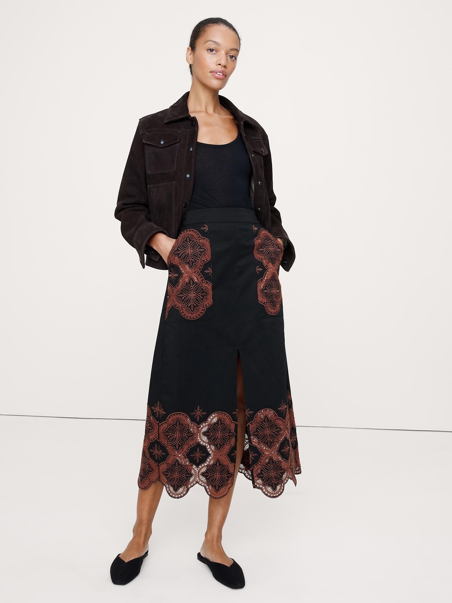 embroidered corduroy midi skirt