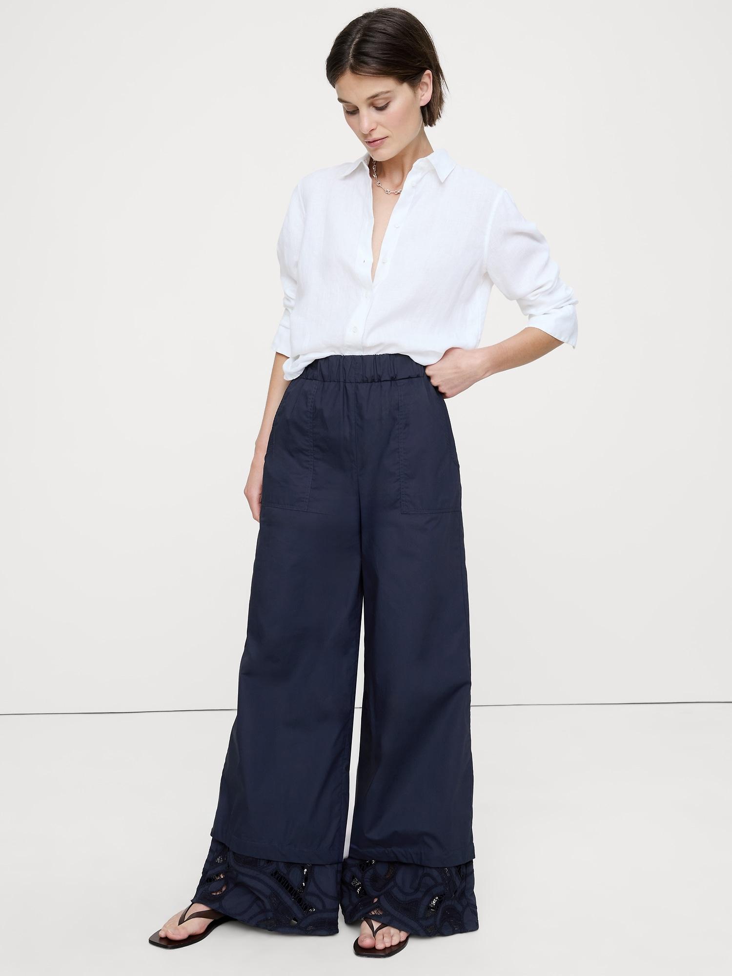 embroidered cotton poplin cropped pull-on pant
