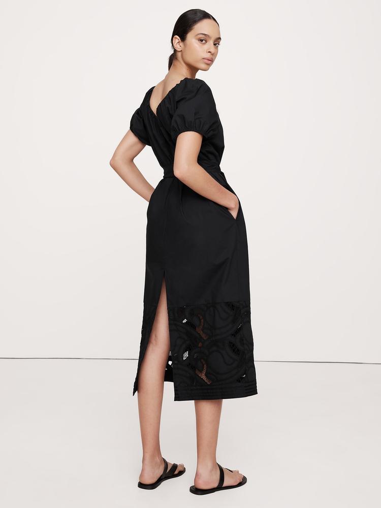 embroidered cotton poplin ruched dress