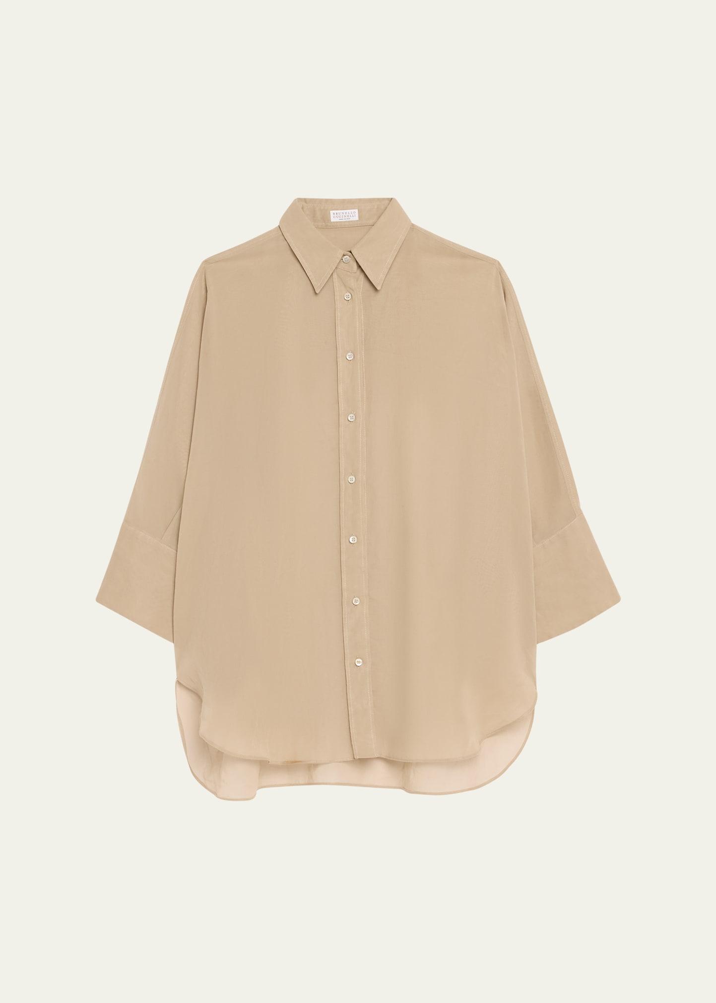 embroidered-cuff cotton gauze 3/4-sleeve shirt