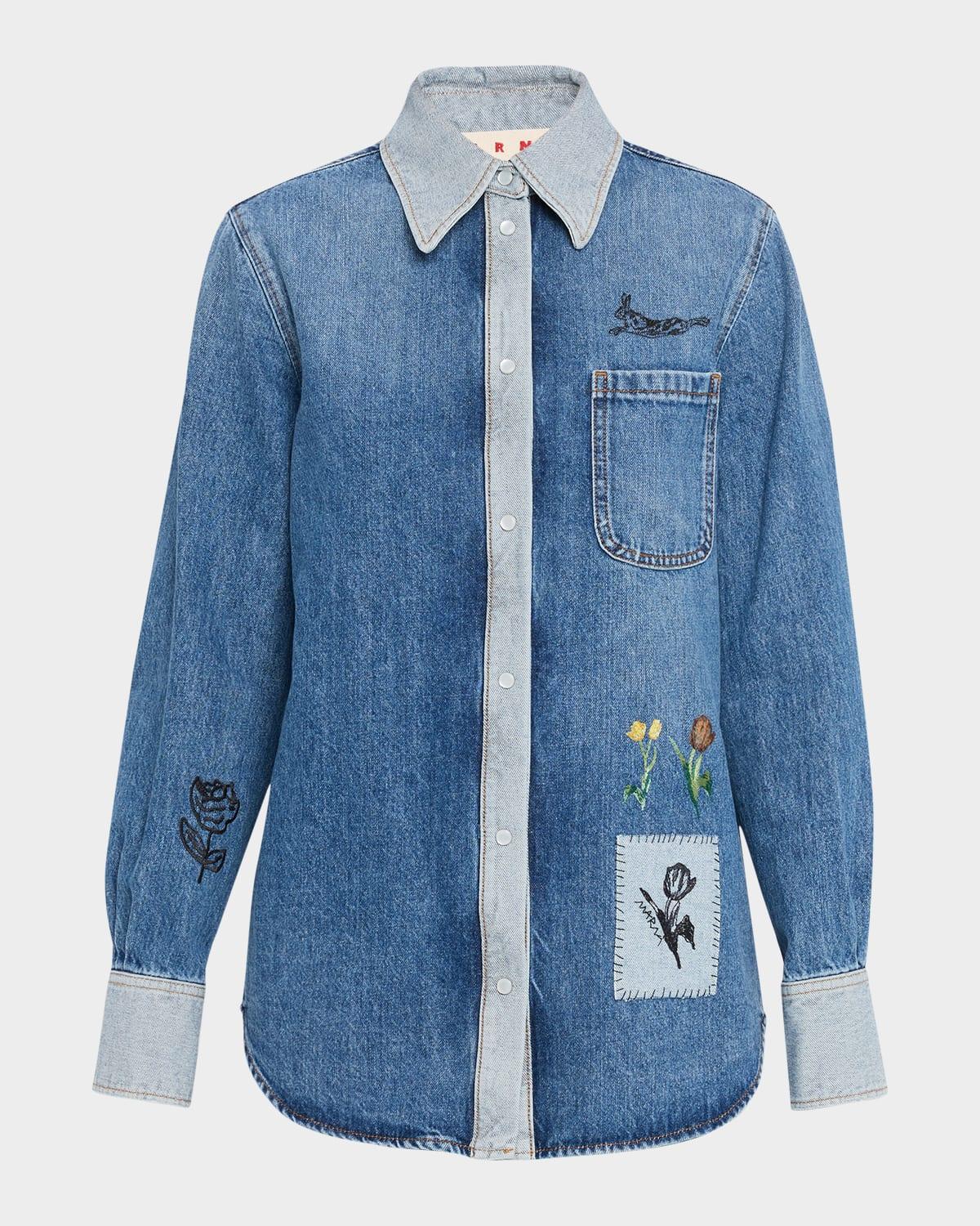embroidered denim button-front shirt