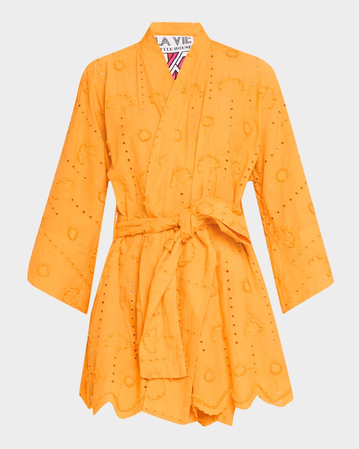 embroidered eyelet mini wrap dress