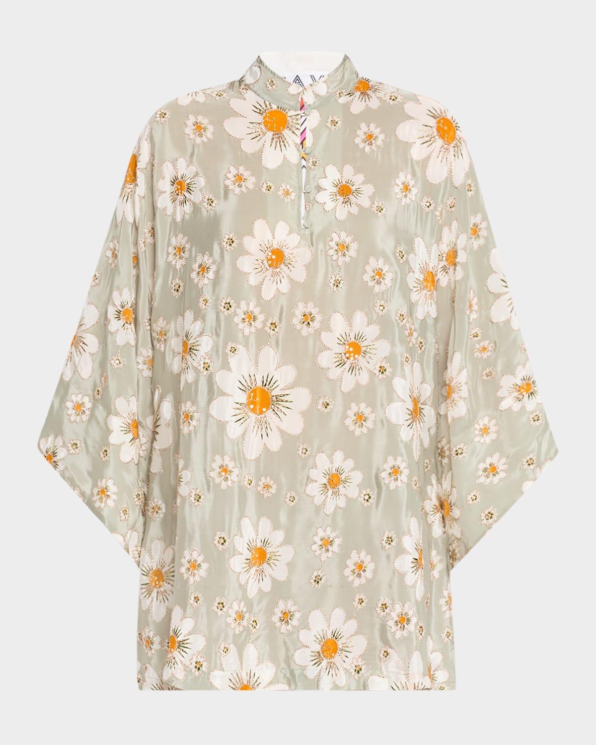 embroidered floral-print mini caftan