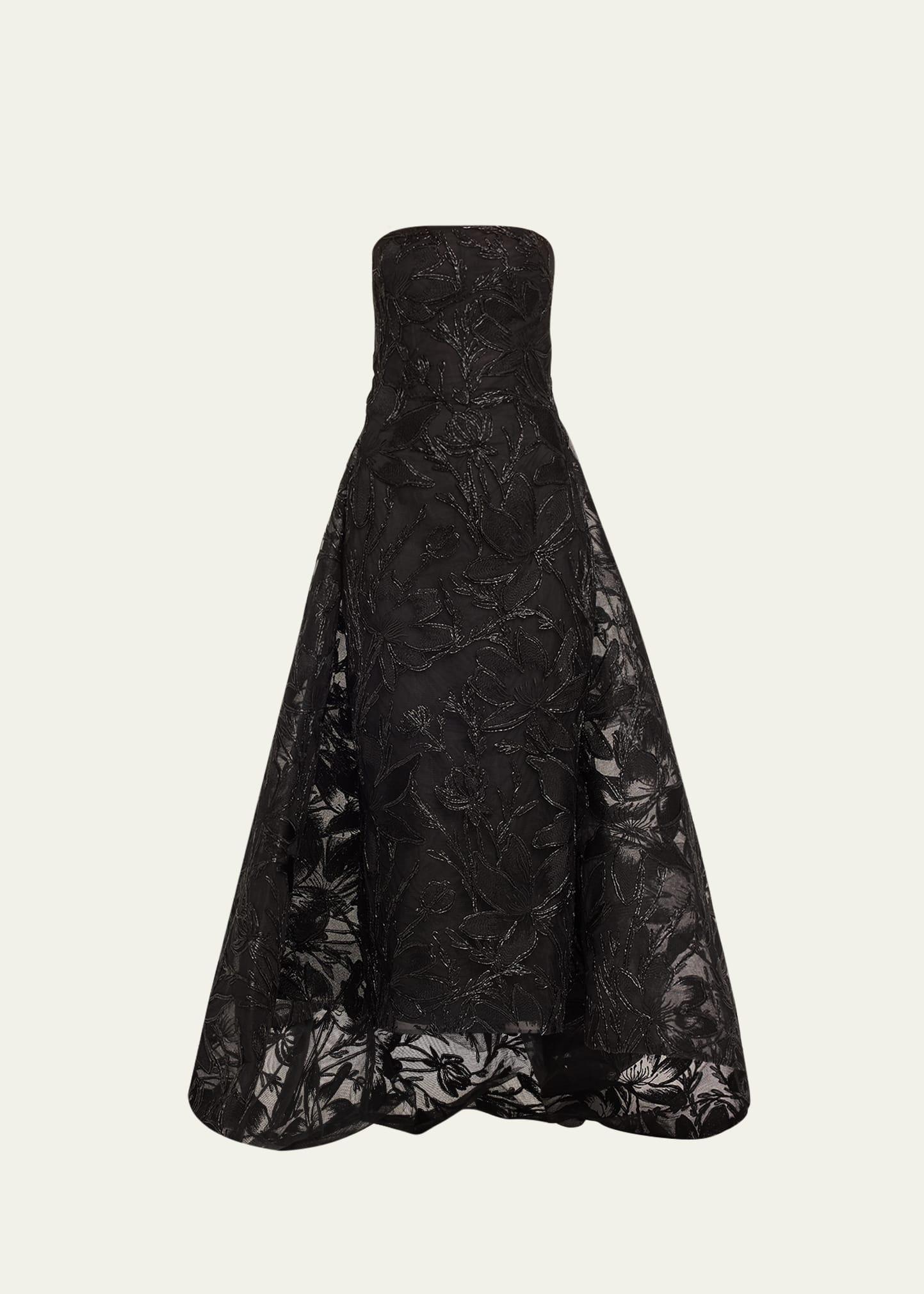embroidered flower strapless column gown with train