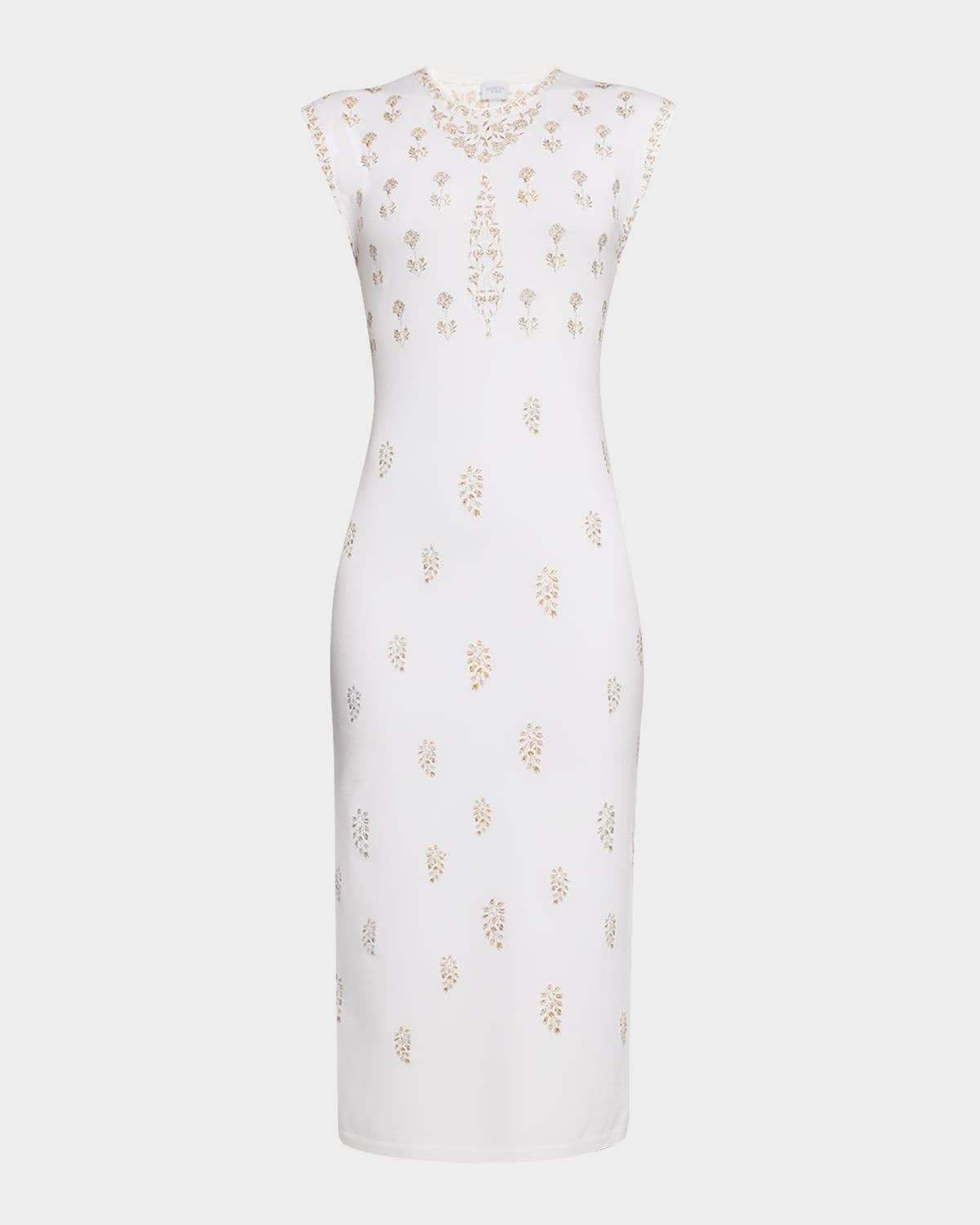 embroidered knit sleeveless midi dress