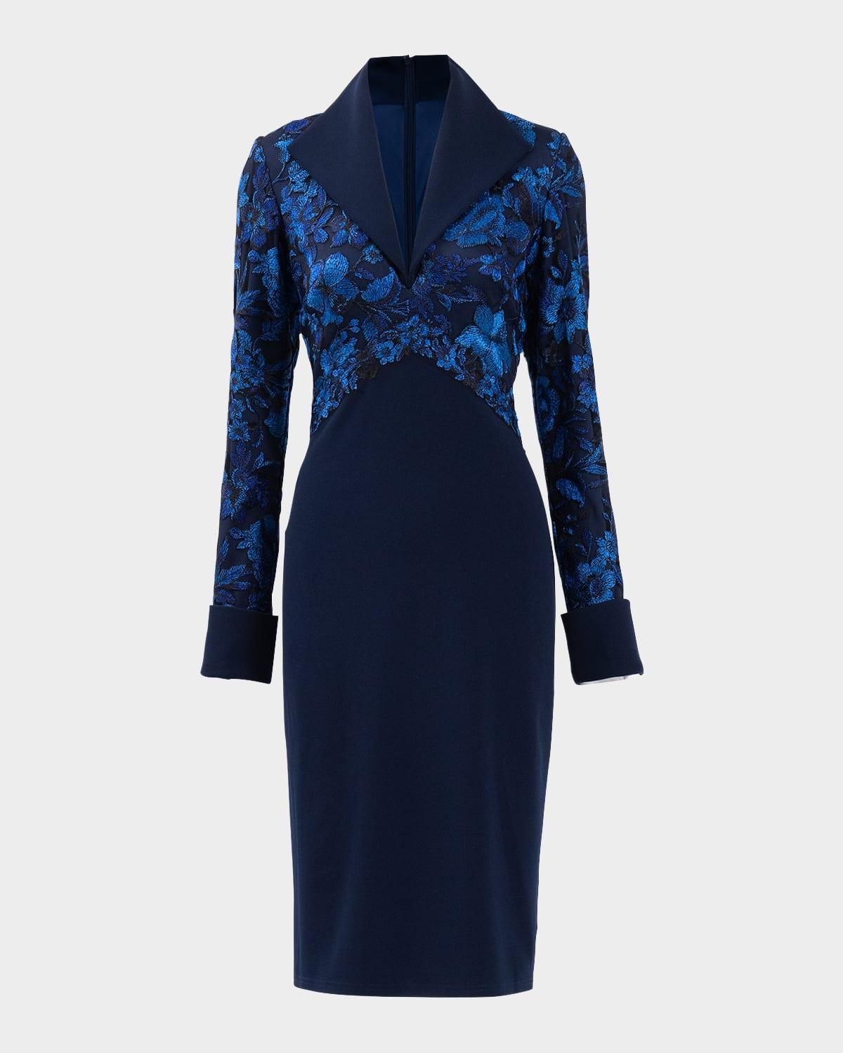 embroidered lace and crepe bodycon dress