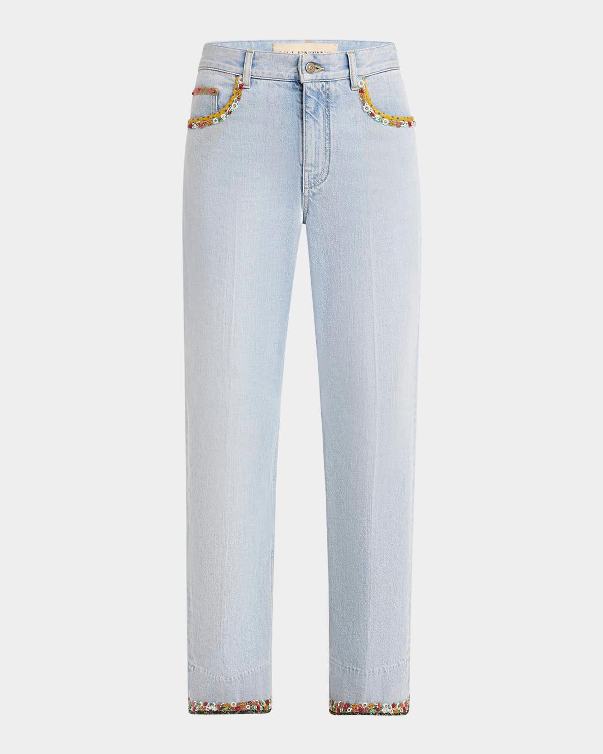 embroidered lightwash denim straight-leg pants