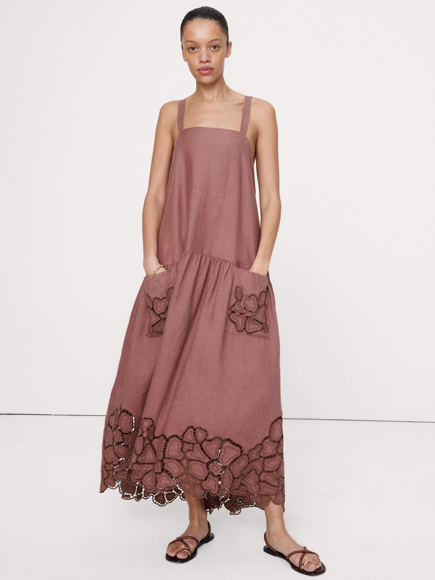 embroidered linen drop-waist maxi dress