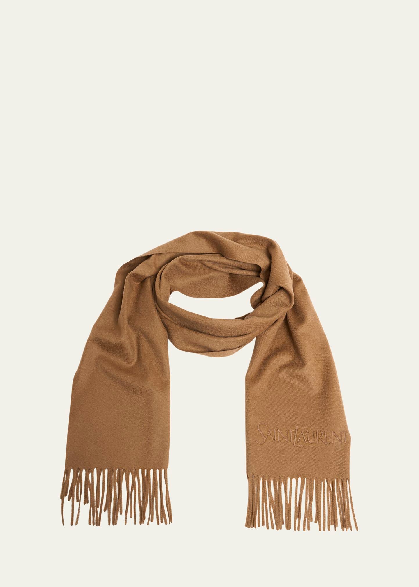 embroidered logo fringe cashmere scarf