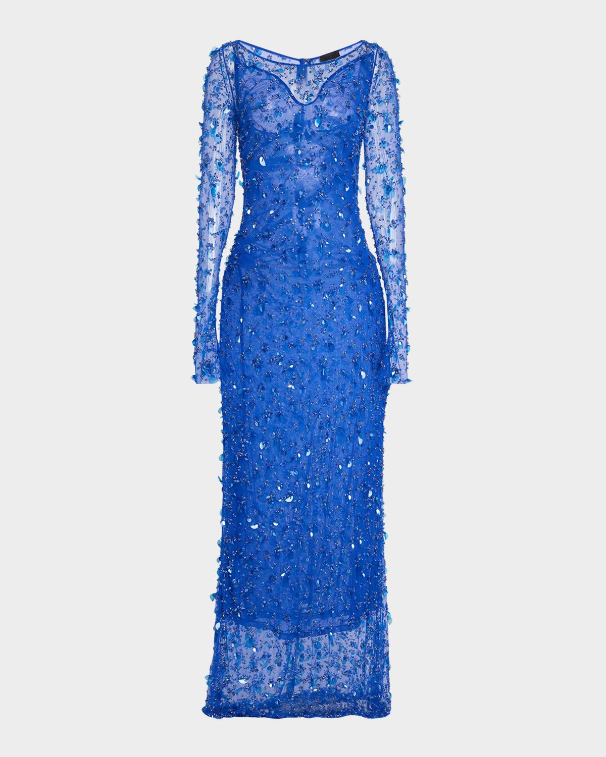 embroidered mesh boatneck gown