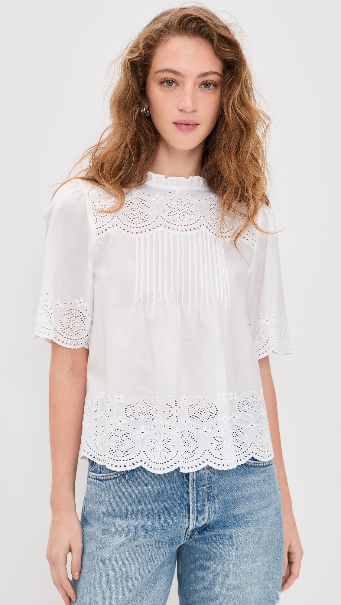 embroidered pintuck high-neck top