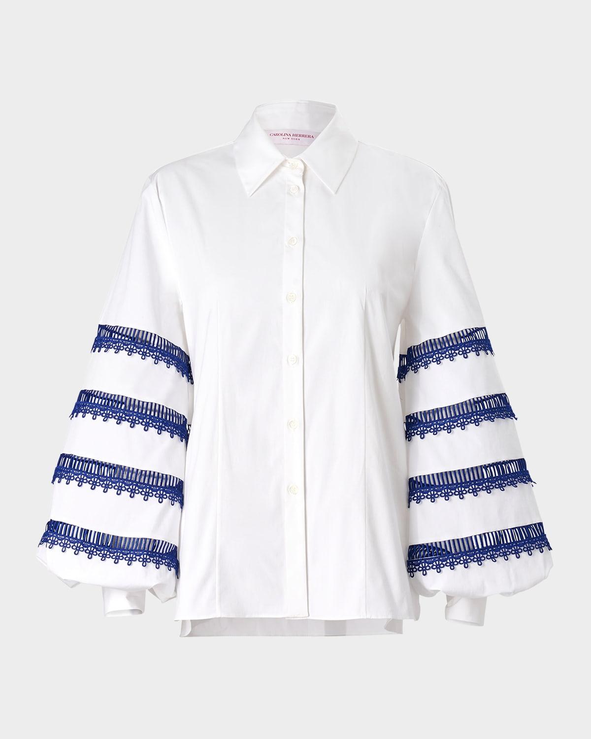 embroidered puff-sleeve button-down shirt