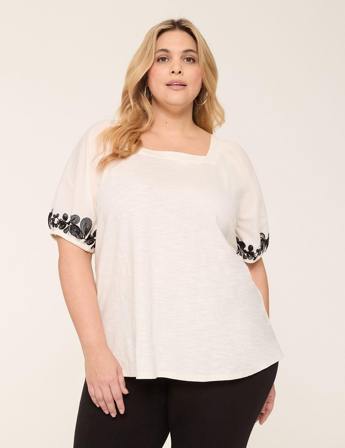 embroidered puff-sleeve square-neck top