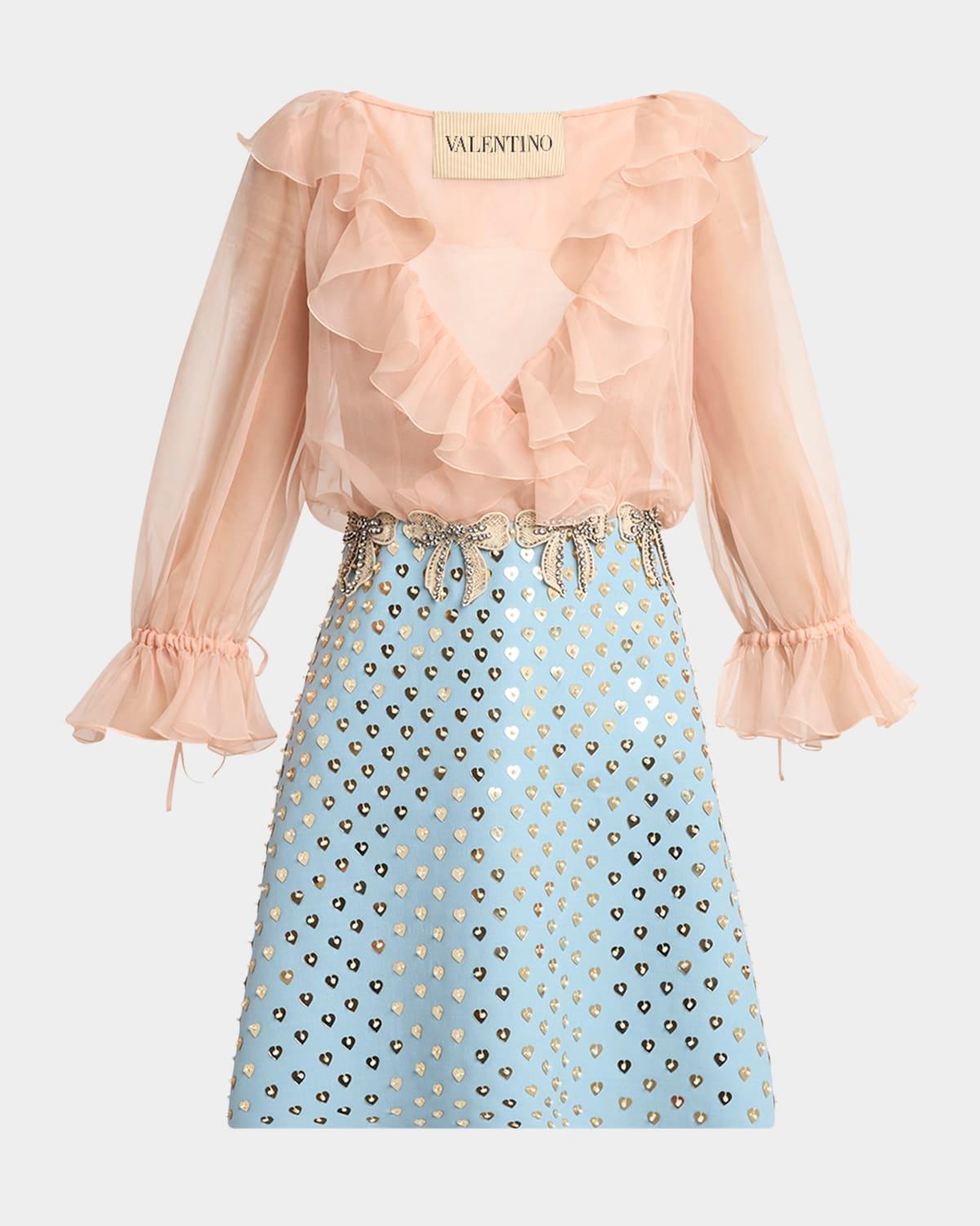 embroidered ruffle crepe couture mini dress