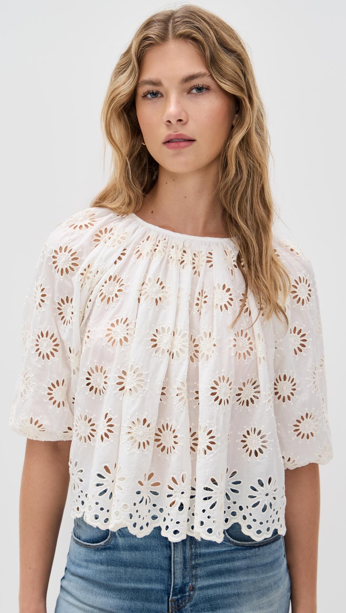 embroidered shirred puff-sleeve top