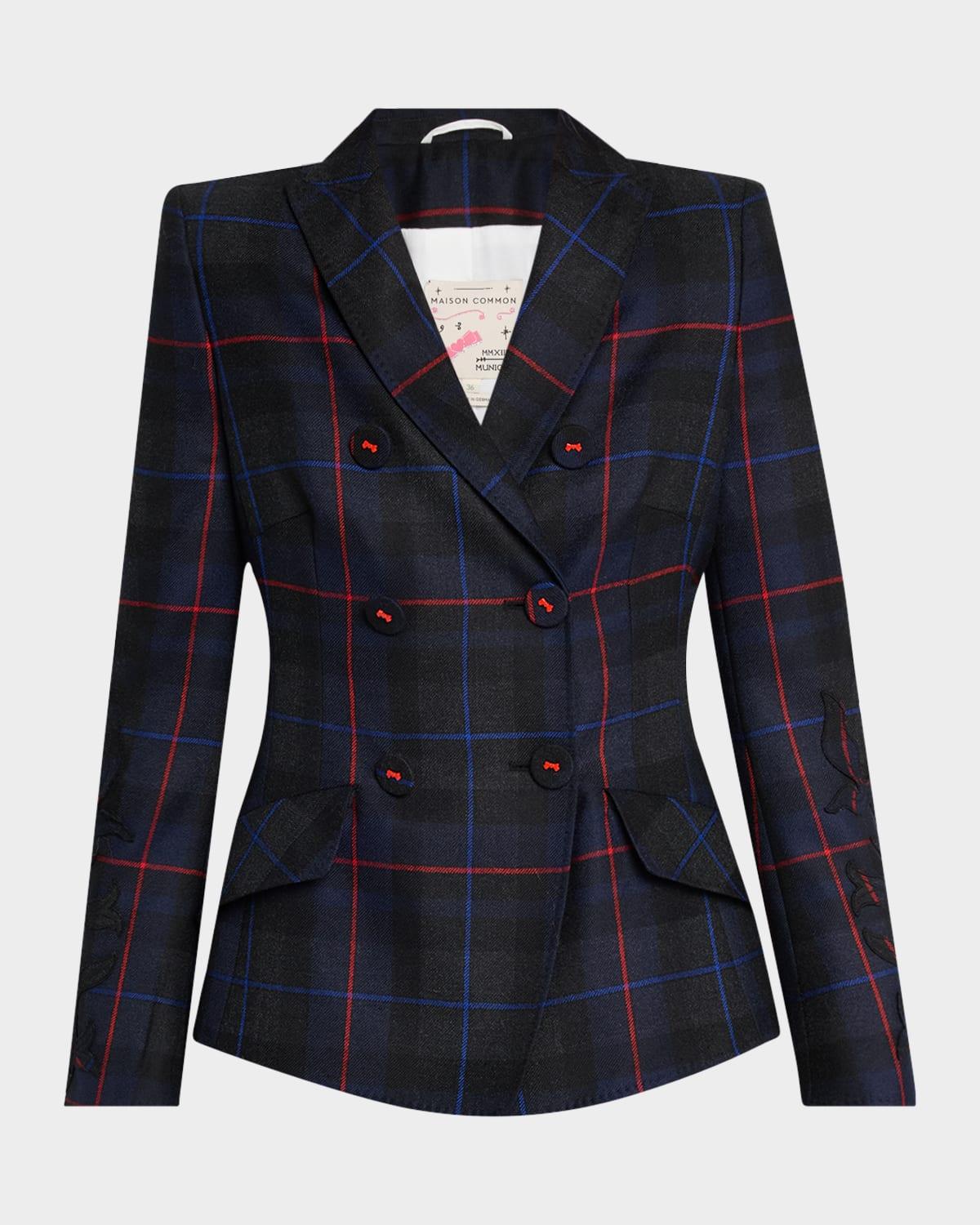 embroidered-sleeve plaid double-breasted jacket
