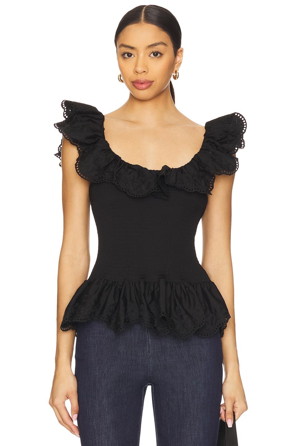 embroidered smocked ruffle top