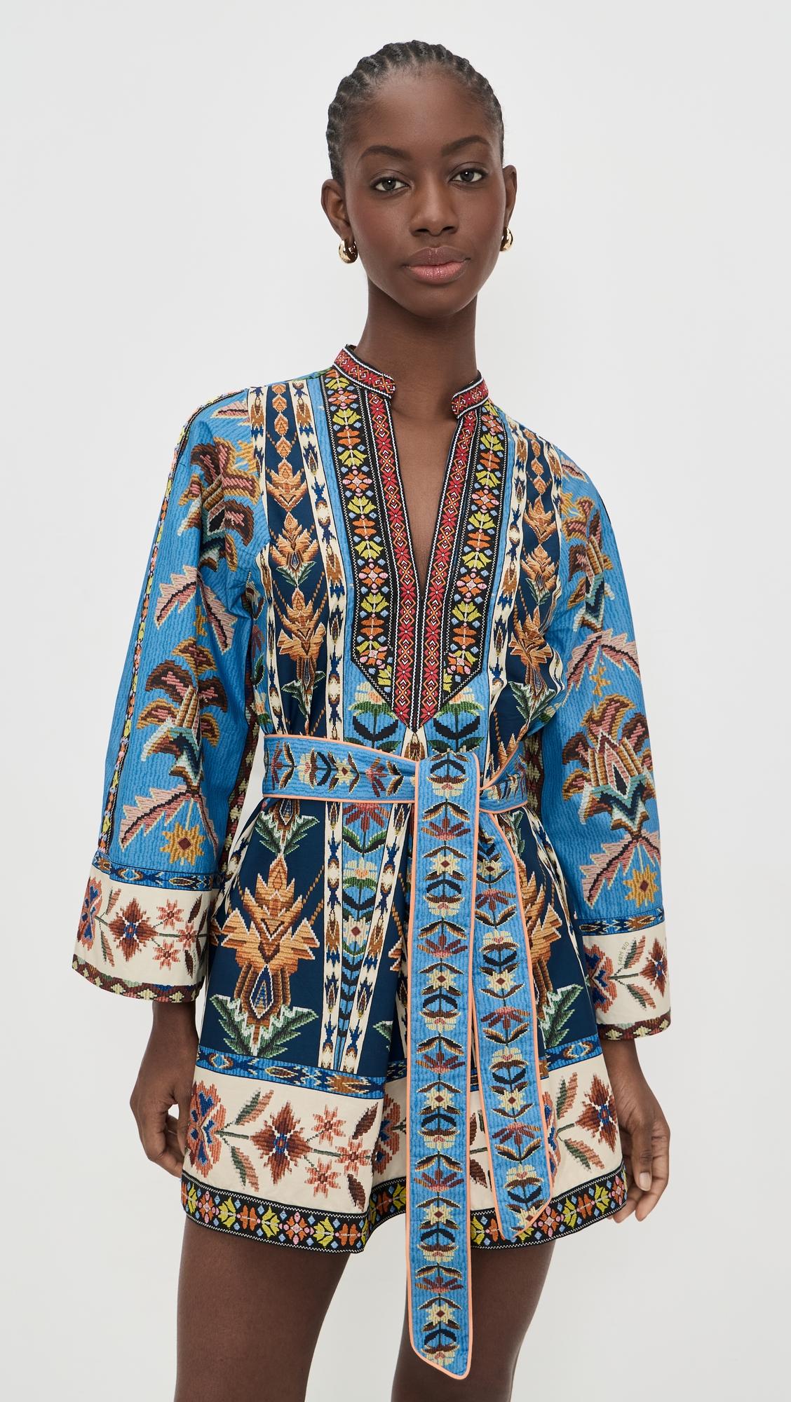 embroidered tapestry blue mini dress