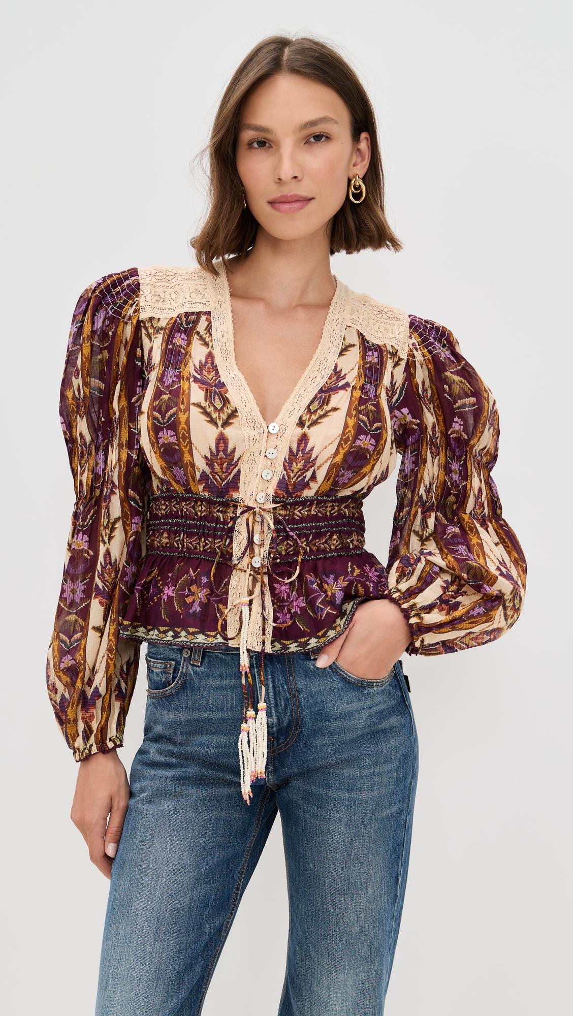 embroidered tapestry sand long sleeve blouse