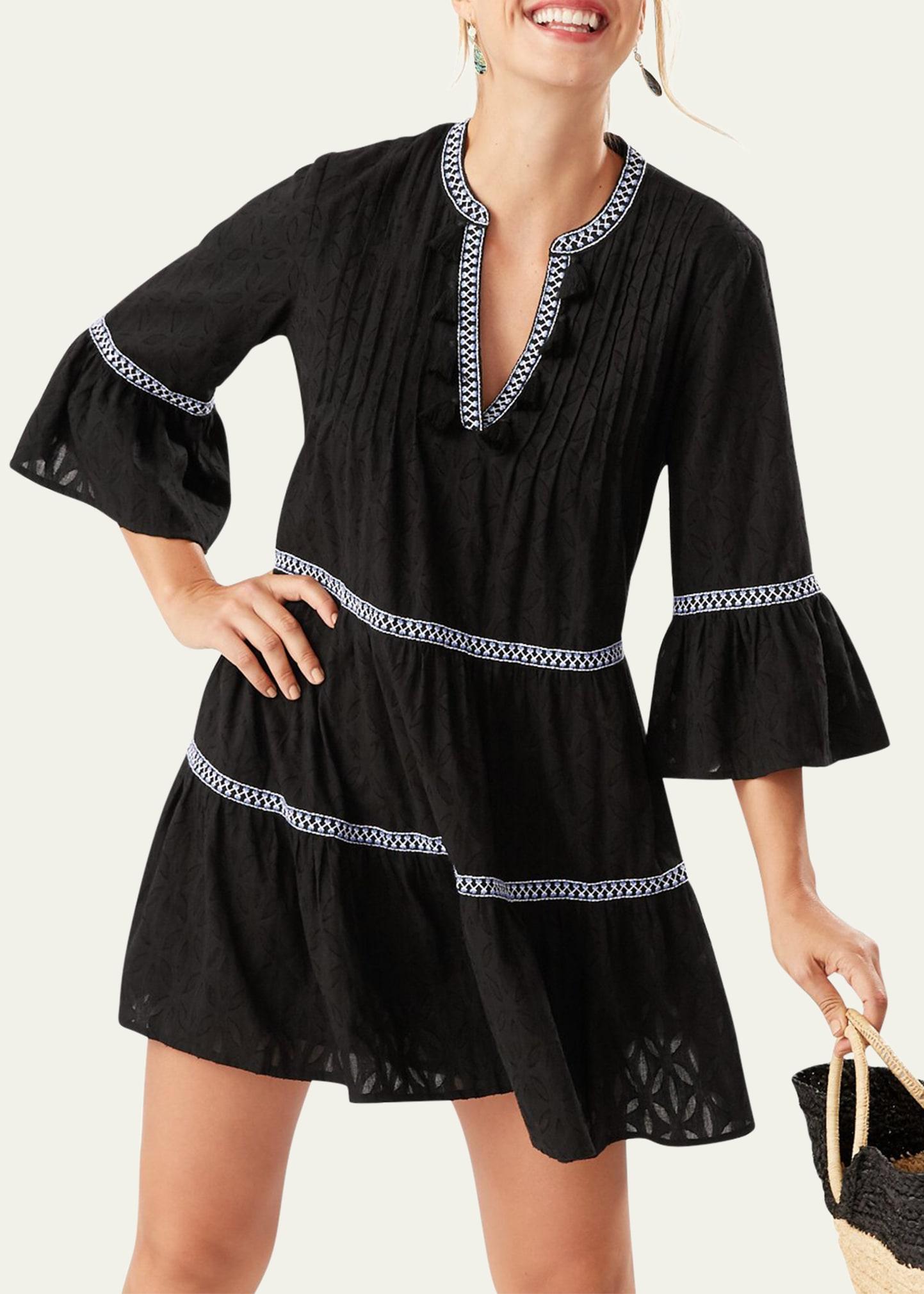 embroidered tassel v-neck cotton tunic dress