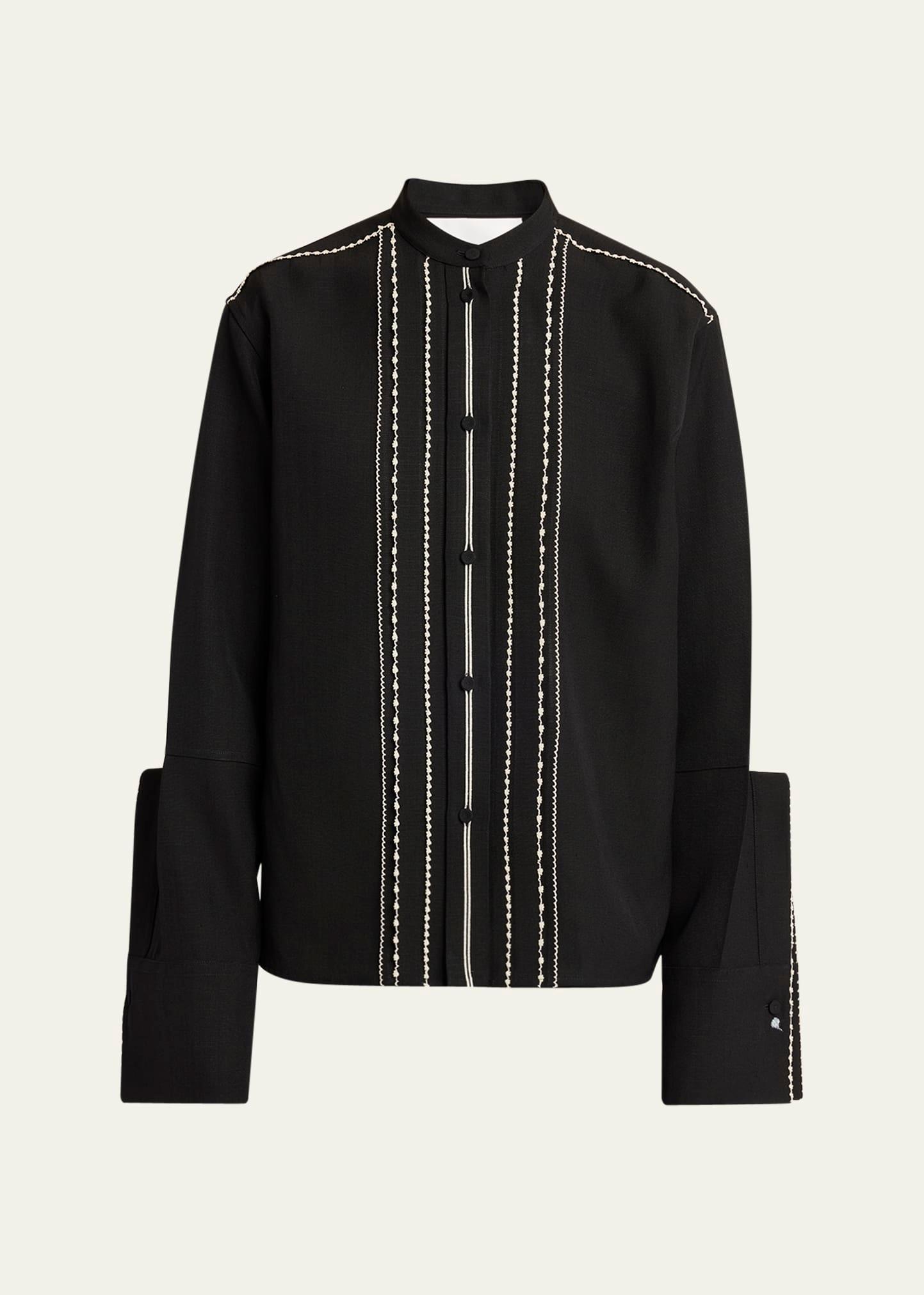 embroidered trim button down blouse