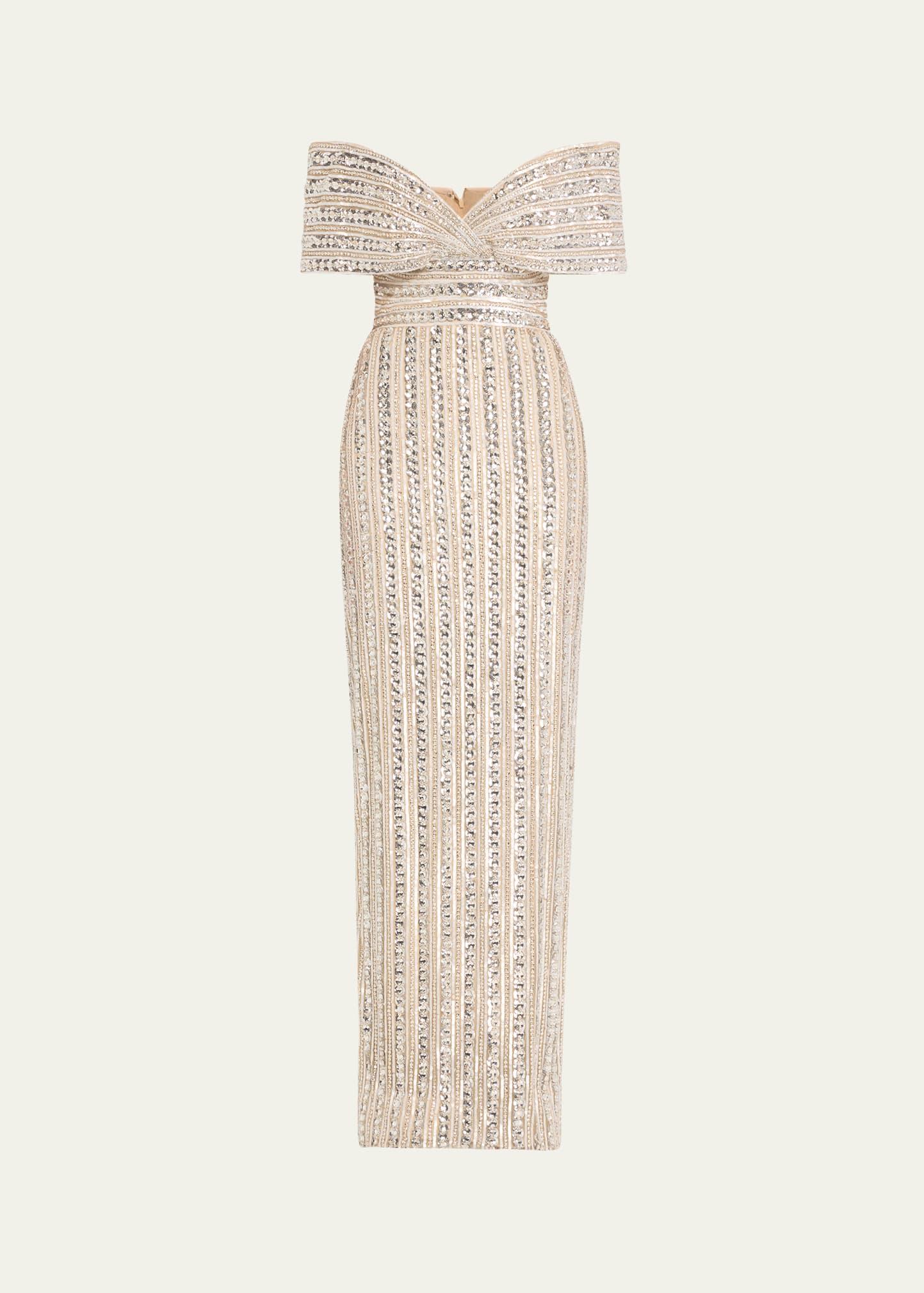 embroidered tulle off-the-shoulder gown