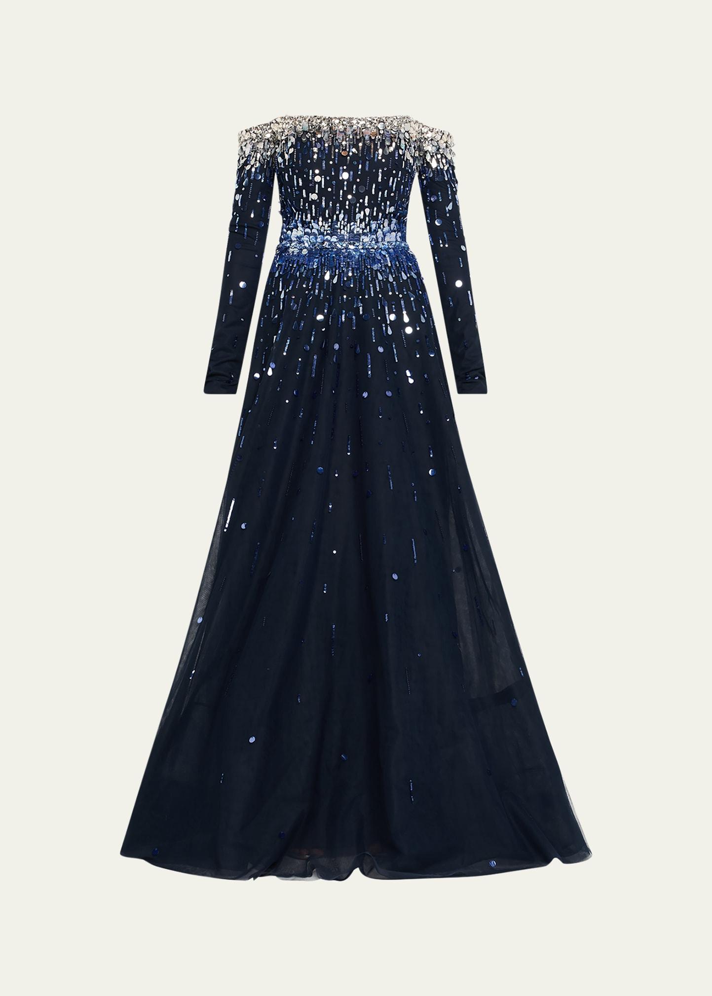 embroidered tulle off-the-shoulder long-sleeve gown