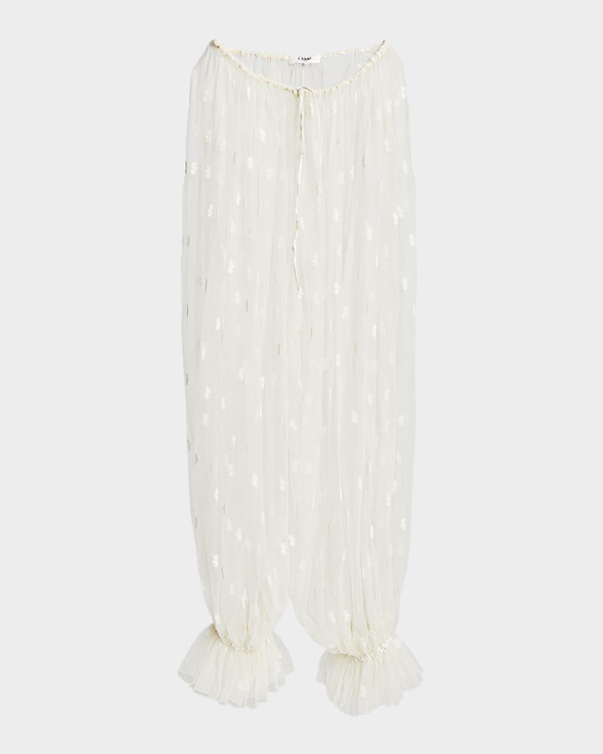 embroidered tulle wide-leg ruffle trousers