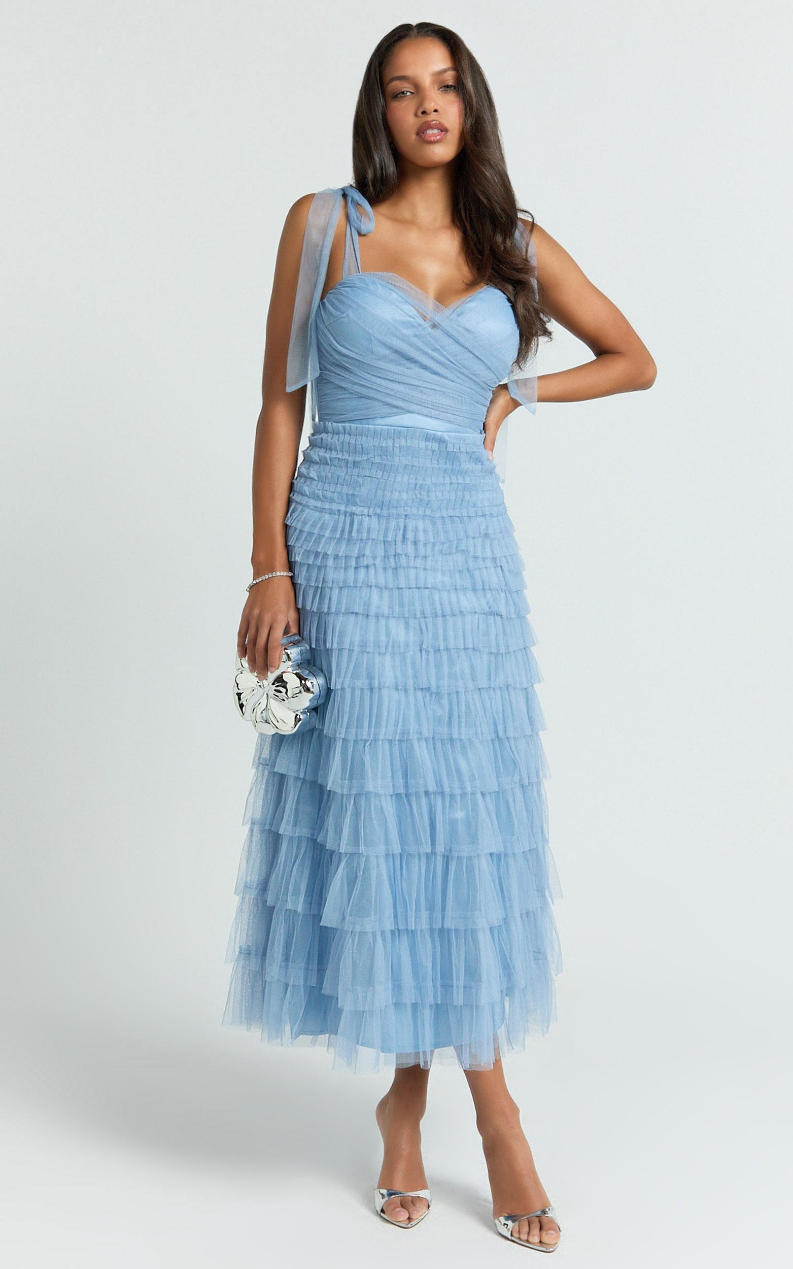 emelia midi dress - shoulder tie tiered dress in blue
